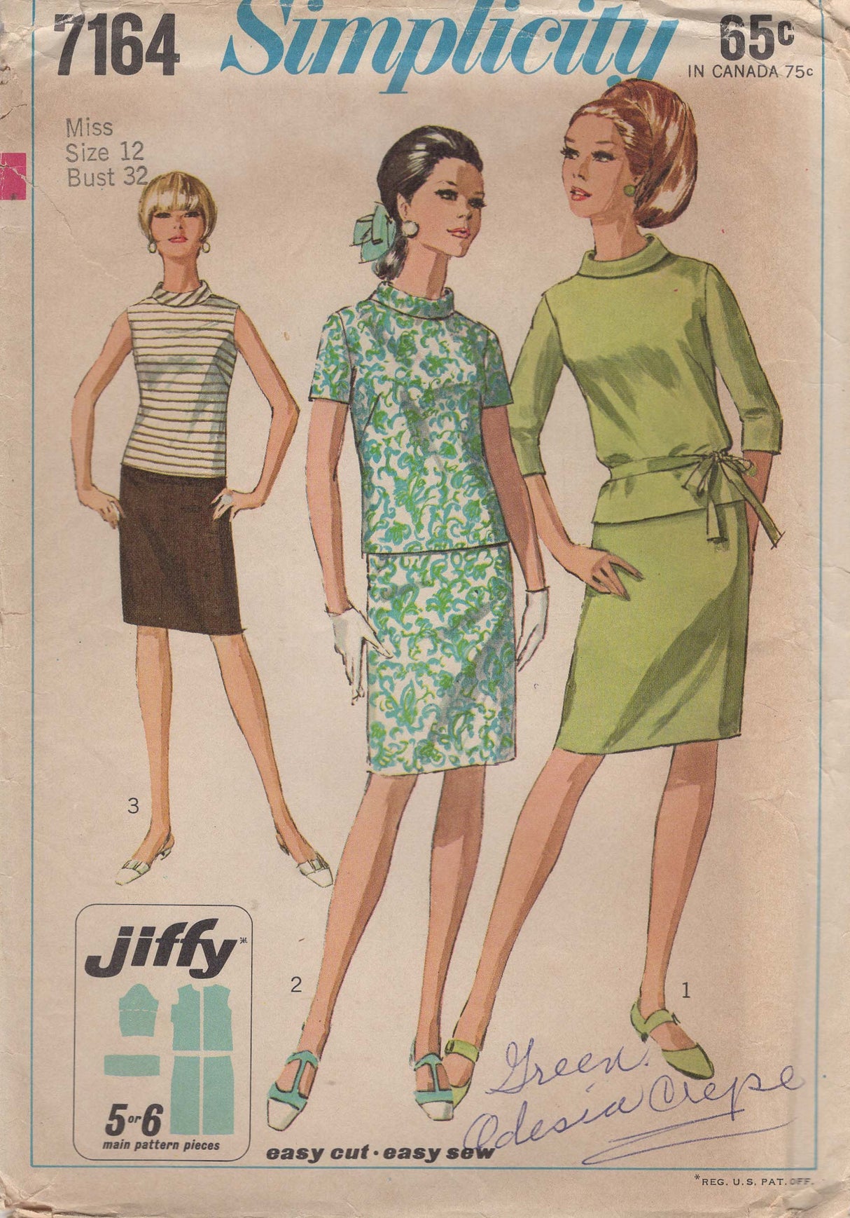 1960's Simplicity Two Piece Dress Pattern - Bust 32" - No. 7164