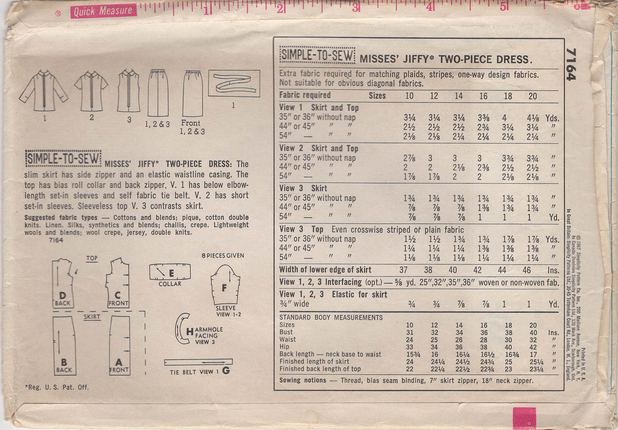 1960's Simplicity Two Piece Dress Pattern - Bust 32" - No. 7164