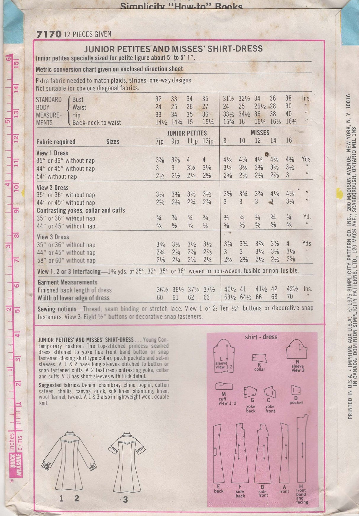 1970's Simplicity Princess Line Dress Pattern – Bust 34-35” - No. 7170