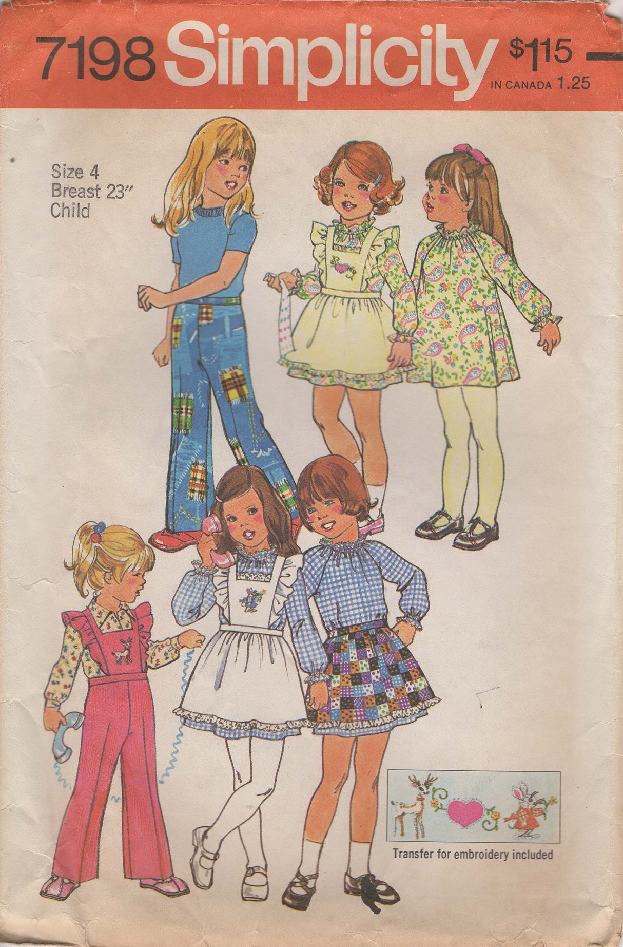 1970's Simplicity Child’s Pinafore, Dress and Pants Pattern with Transfer - Chest 23" - No. 7198
