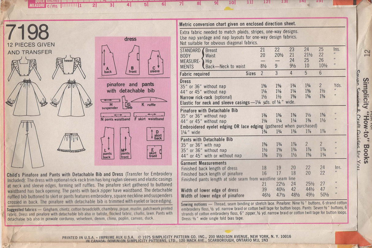 1970's Simplicity Child’s Pinafore, Dress and Pants Pattern with Transfer - Chest 23" - No. 7198
