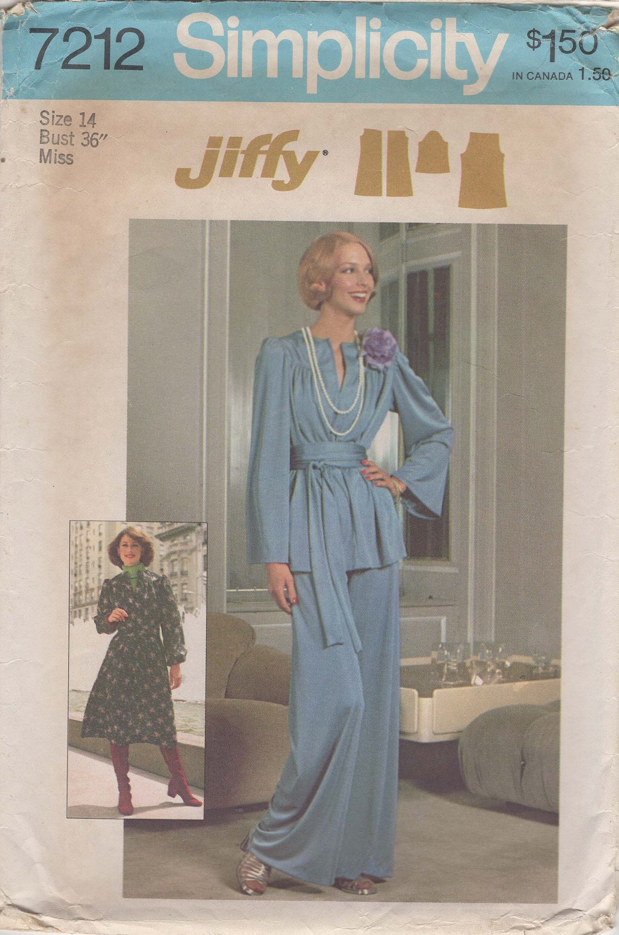 1970's Simplicity Jiffy Tunic or Dress and Pants Pattern – Bust 36" - No. 7212