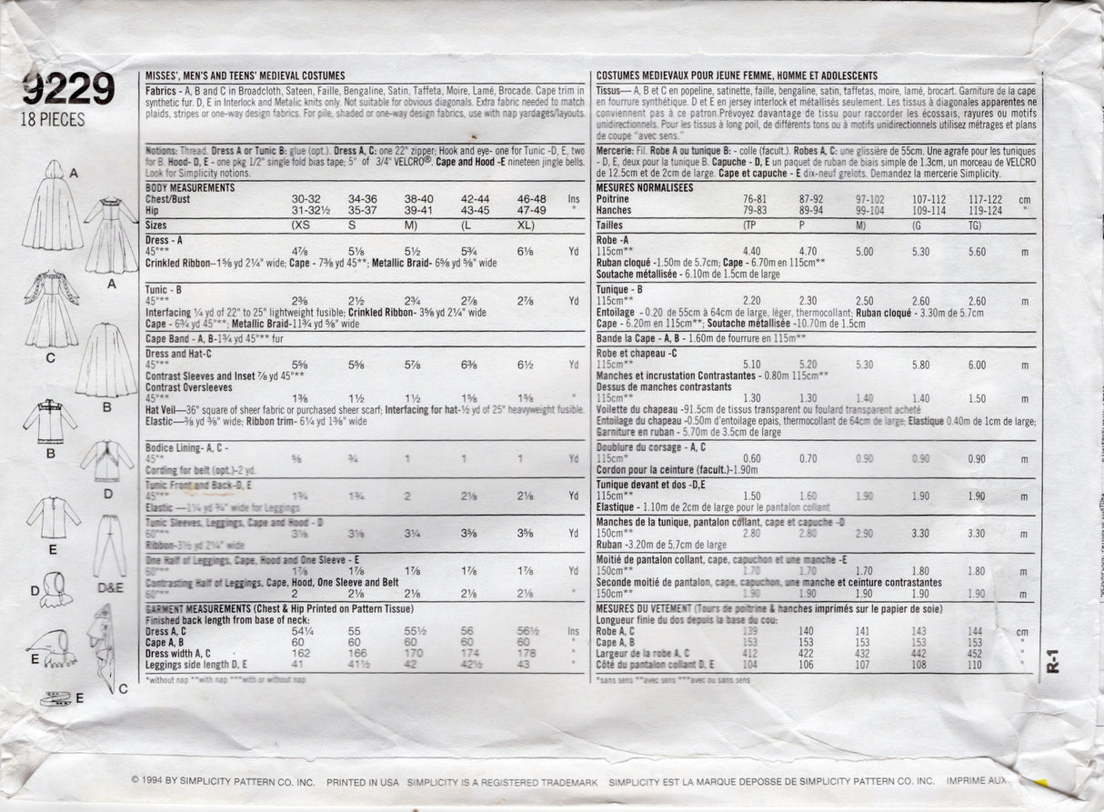 1990's Simplicity King, Queen, Jester and Princess Costumes – Chest/Bust 42-48” - No. 9229