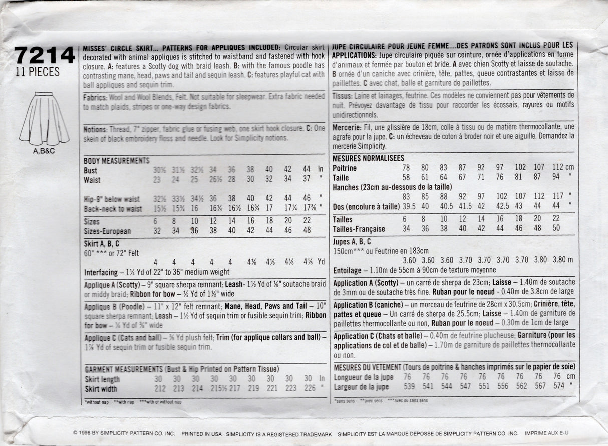 1990's Simplicity 1950's style Poodle Skirt Costume Pattern – Waist 26.5-30” - No. 7214