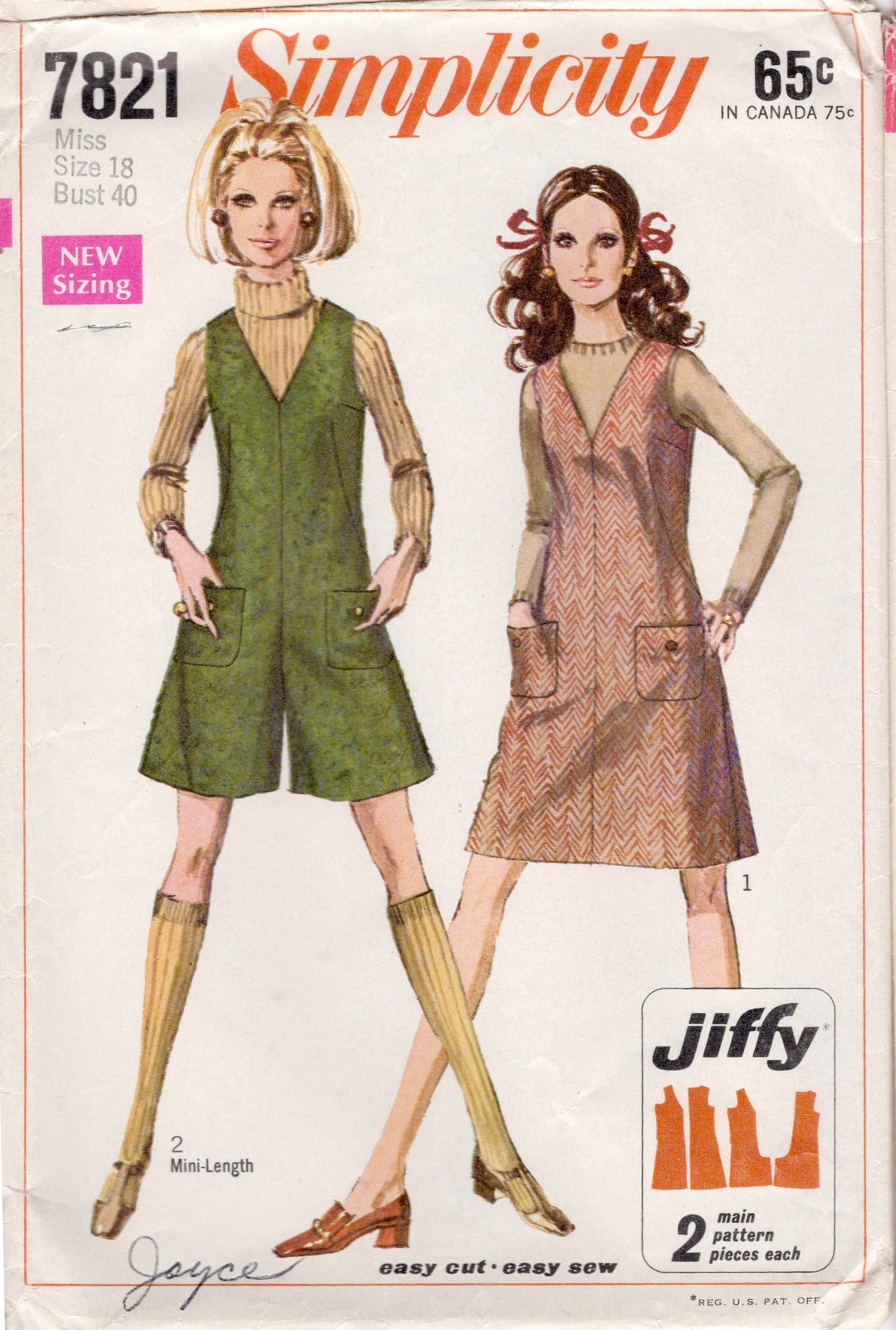 1960's Simplicity Jumper Dress or Pant-Dress Pattern - Bust 40" - No. 7821