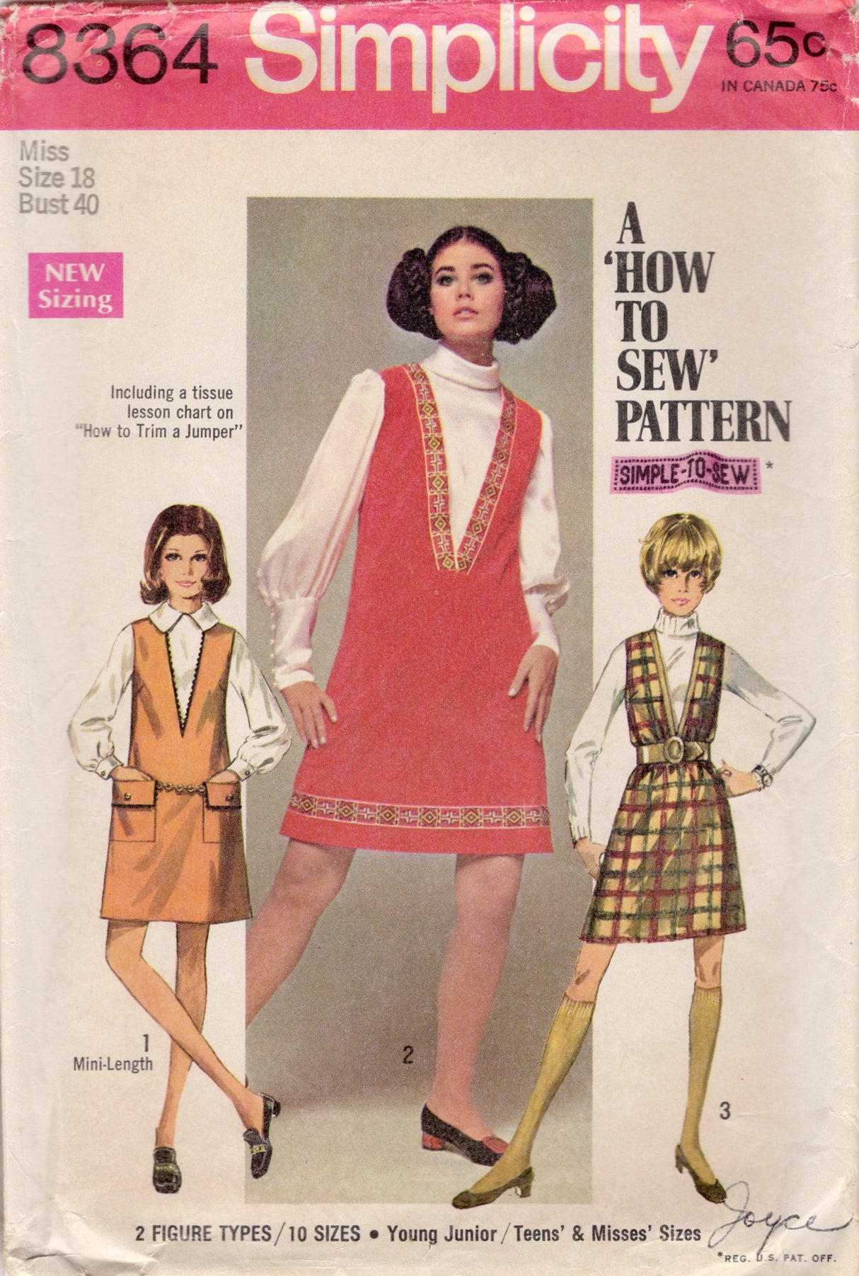 1960's Simplicity "How to Sew" V-neck Jumper Dress Pattern - Bust 40" - No. 8364