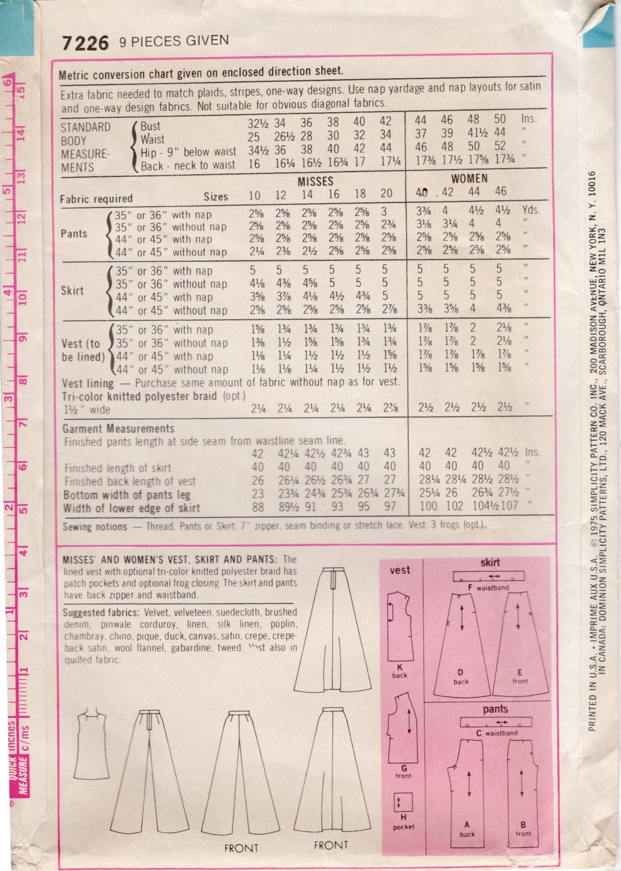 1970's Simplicity Vest, Maxi Skirt and High Waisted Pants Pattern - Bust 40-42" - No. 7226