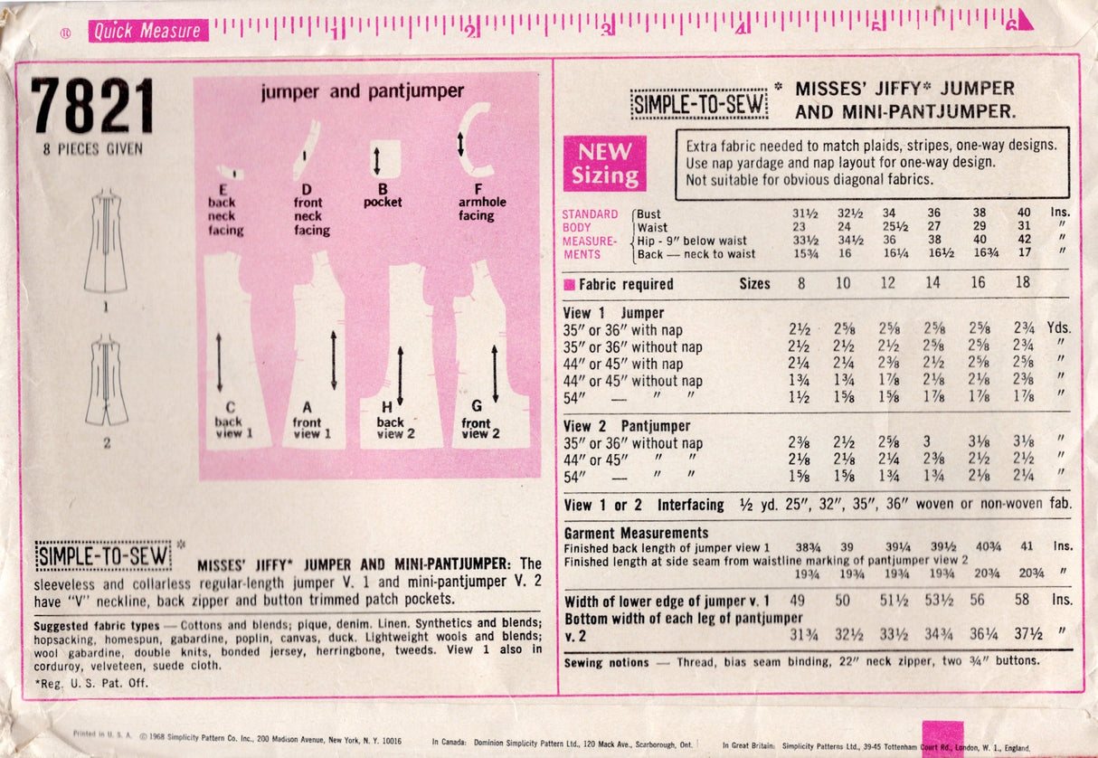 1960's Simplicity Jumper Dress or Pant-Dress Pattern - Bust 40" - No. 7821