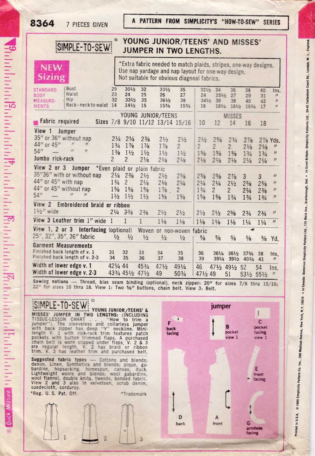 1960's Simplicity "How to Sew" V-neck Jumper Dress Pattern - Bust 40" - No. 8364