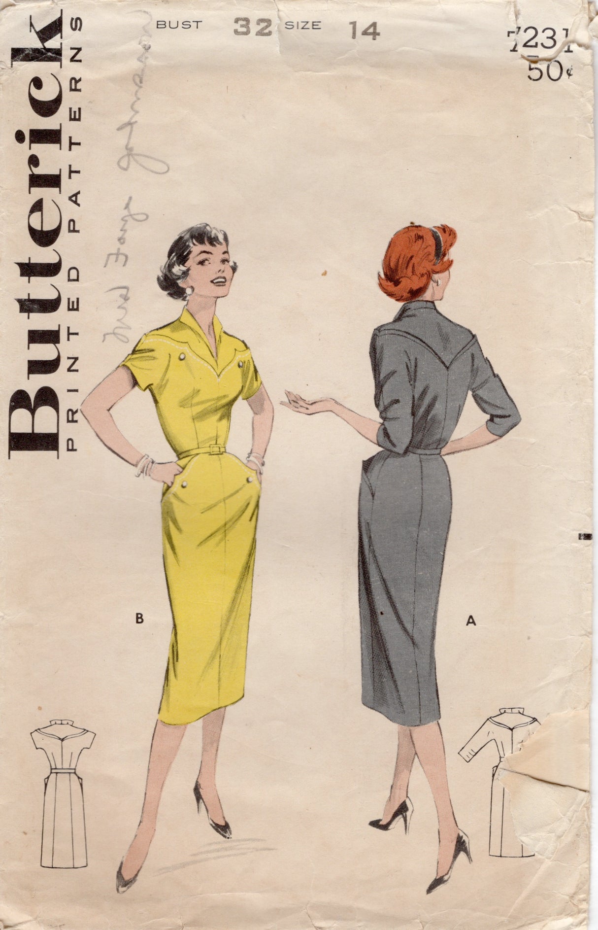 1950's Butterick Dew-Drop Yoke Sheath Dress Pattern - Bust 32" - No. 7231