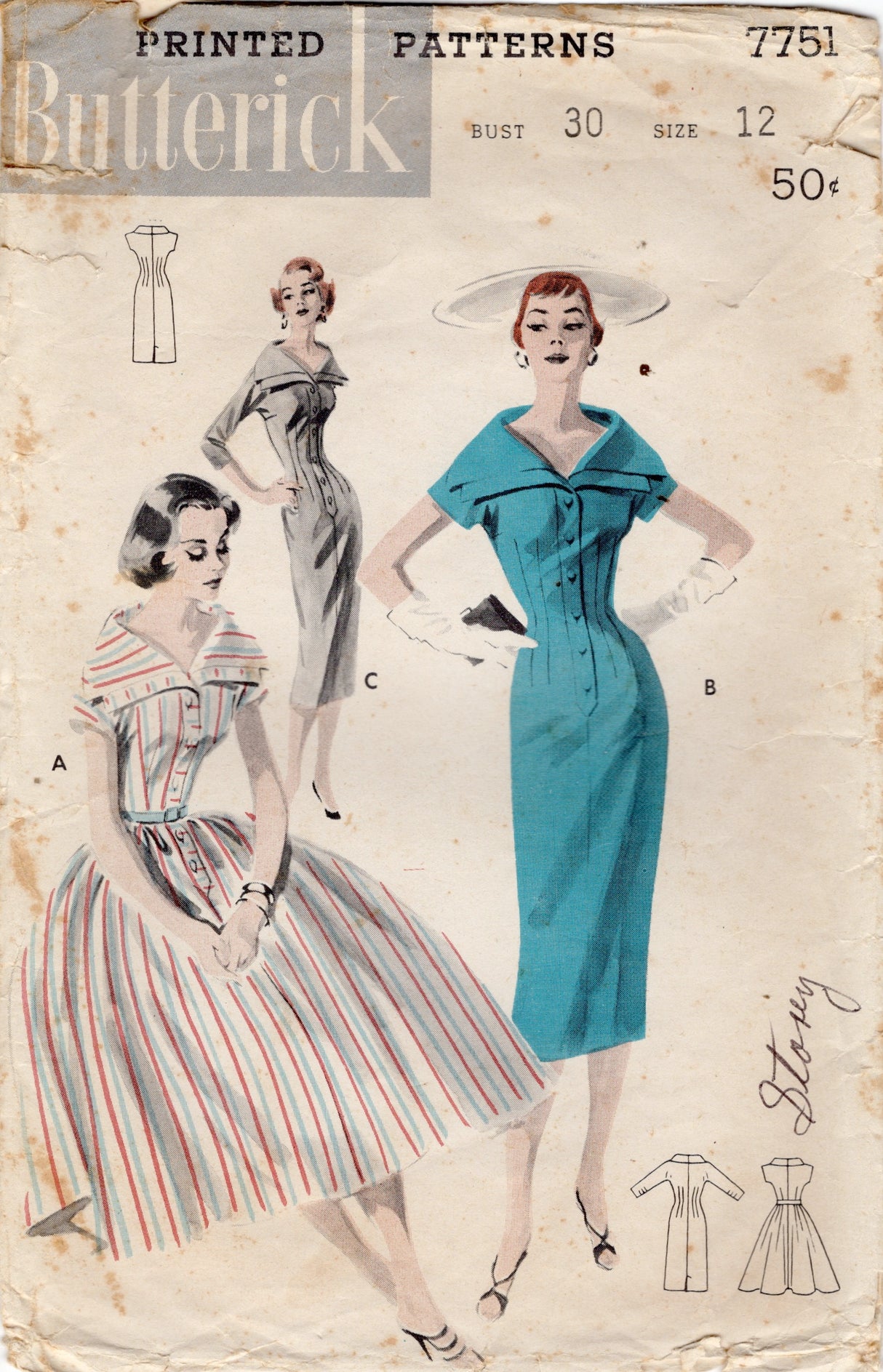 1950's Butterick Oversize Collar Sheath or Fit and Flare Dress Pattern - Bust 30" - No. 7751
