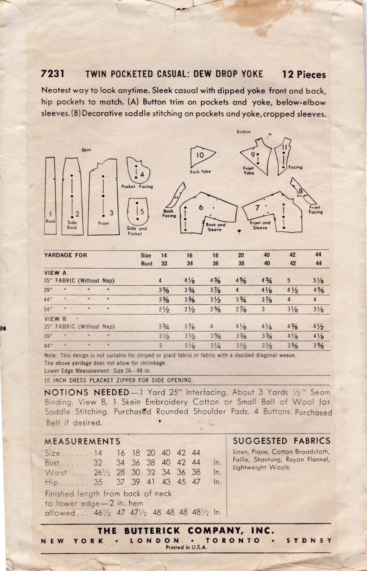 1950's Butterick Dew-Drop Yoke Sheath Dress Pattern - Bust 32" - No. 7231