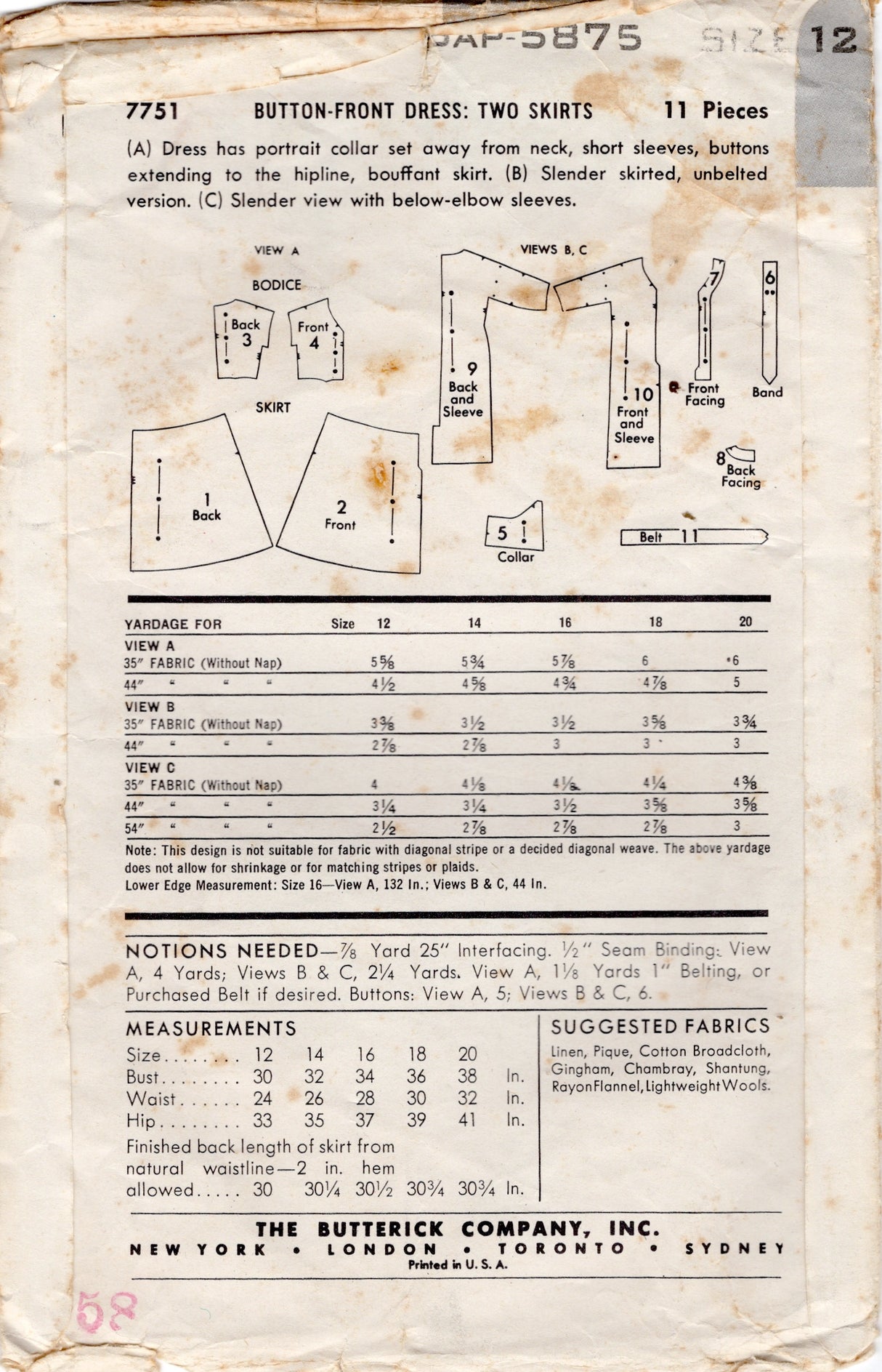 1950's Butterick Oversize Collar Sheath or Fit and Flare Dress Pattern - Bust 30" - No. 7751