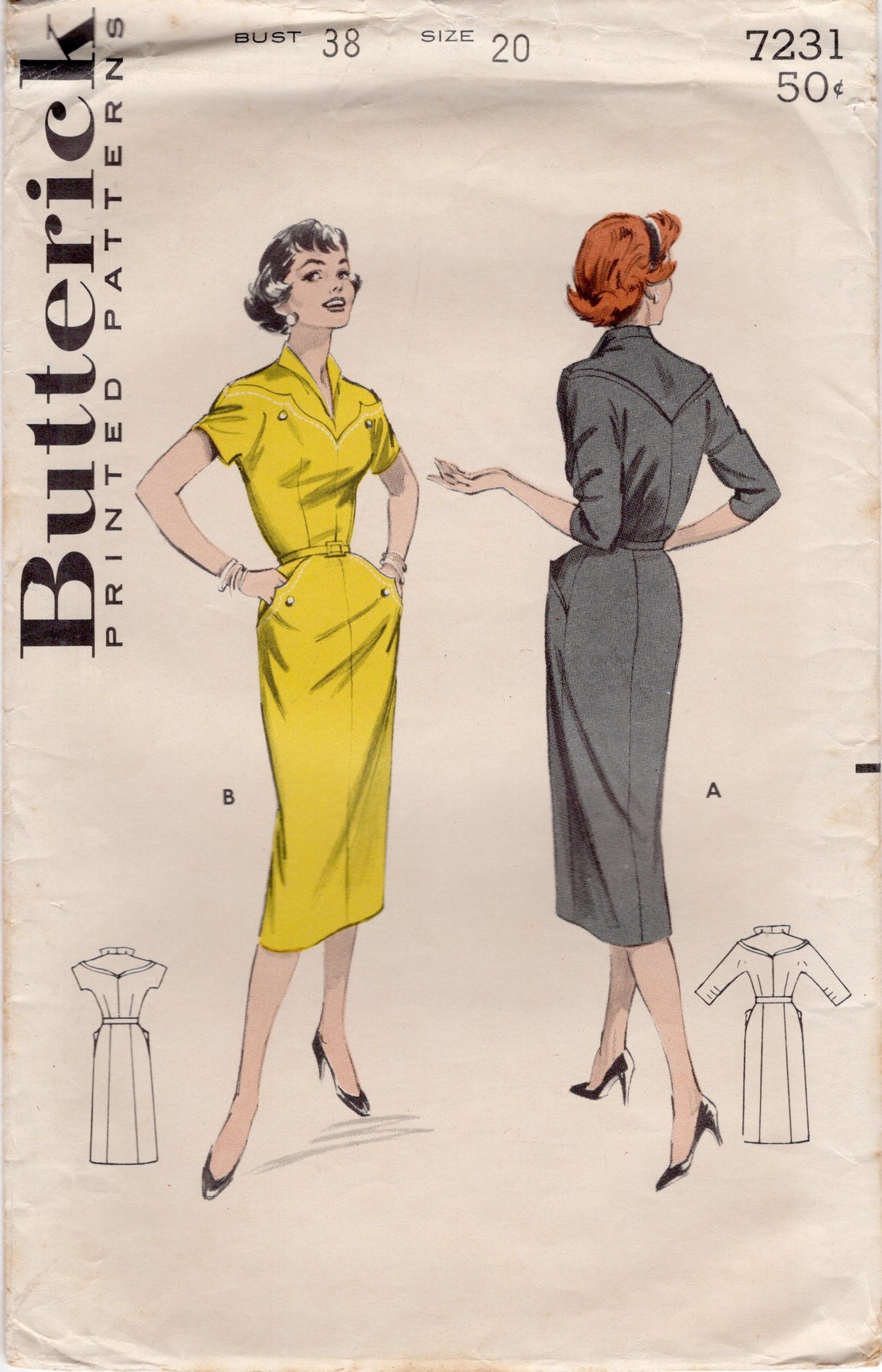 1950’s Butterick Western Yoke One Piece Dress Pattern- Bust 38” - No. 7231