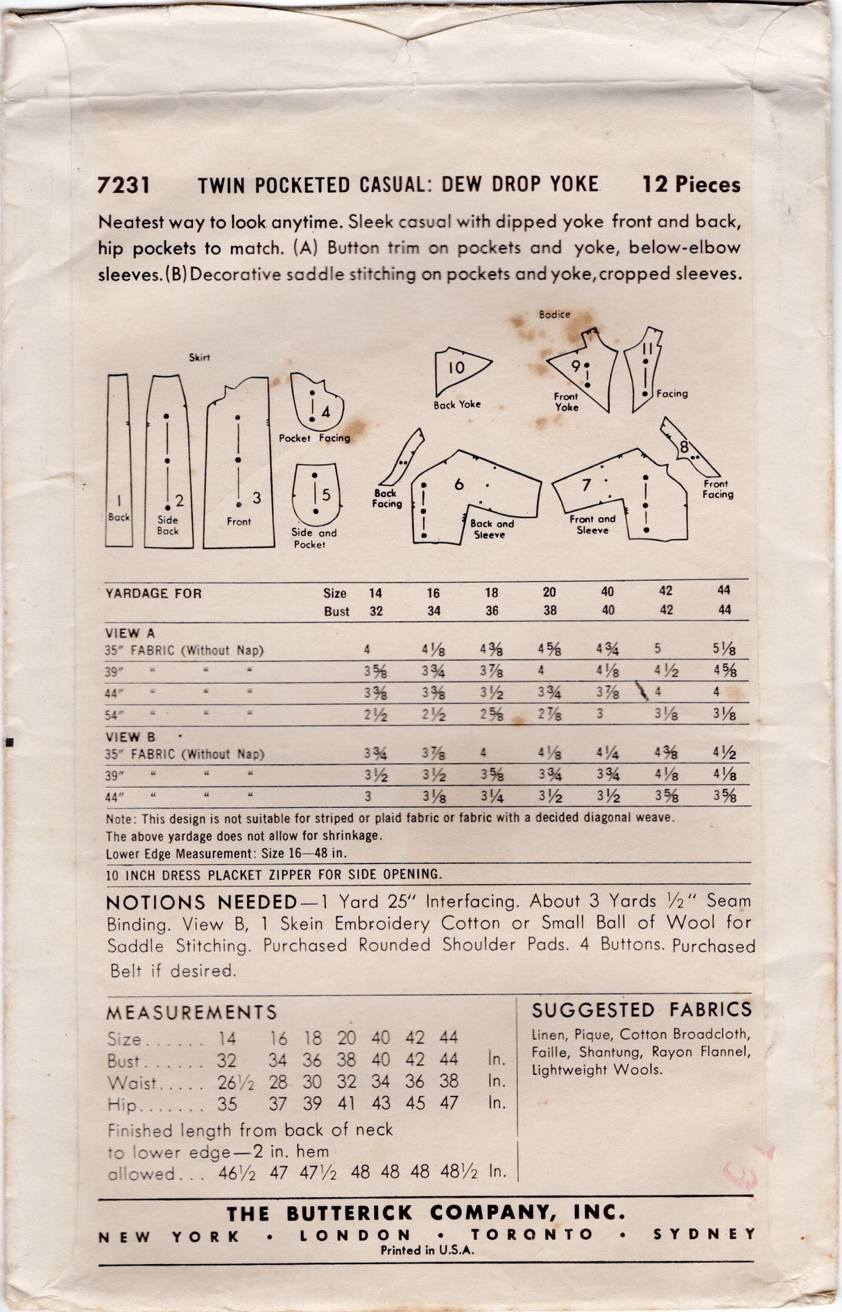 1950’s Butterick Western Yoke One Piece Dress Pattern- Bust 38” - No. 7231