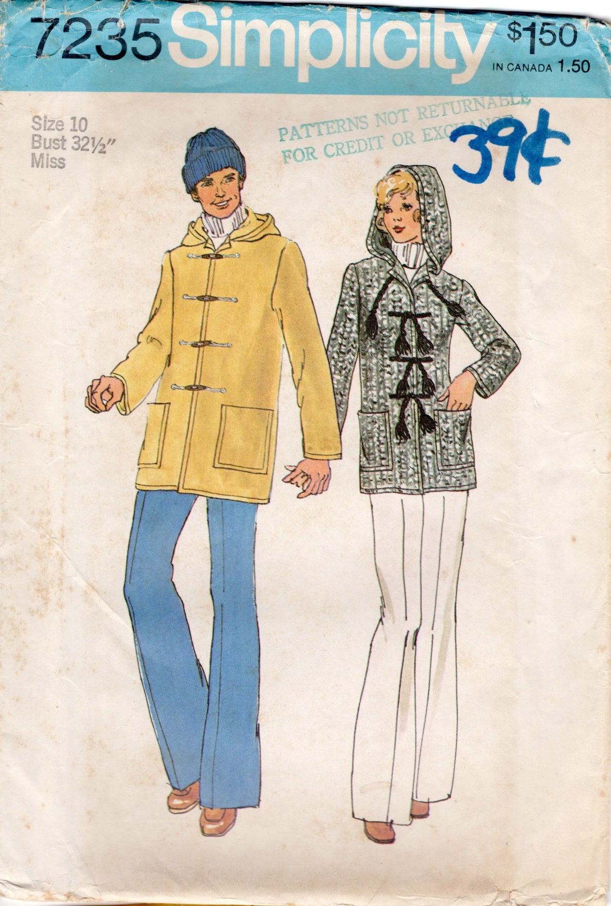 1970's Simplicity Hooded Coat Pattern - Bust 32.5" - No. 7235