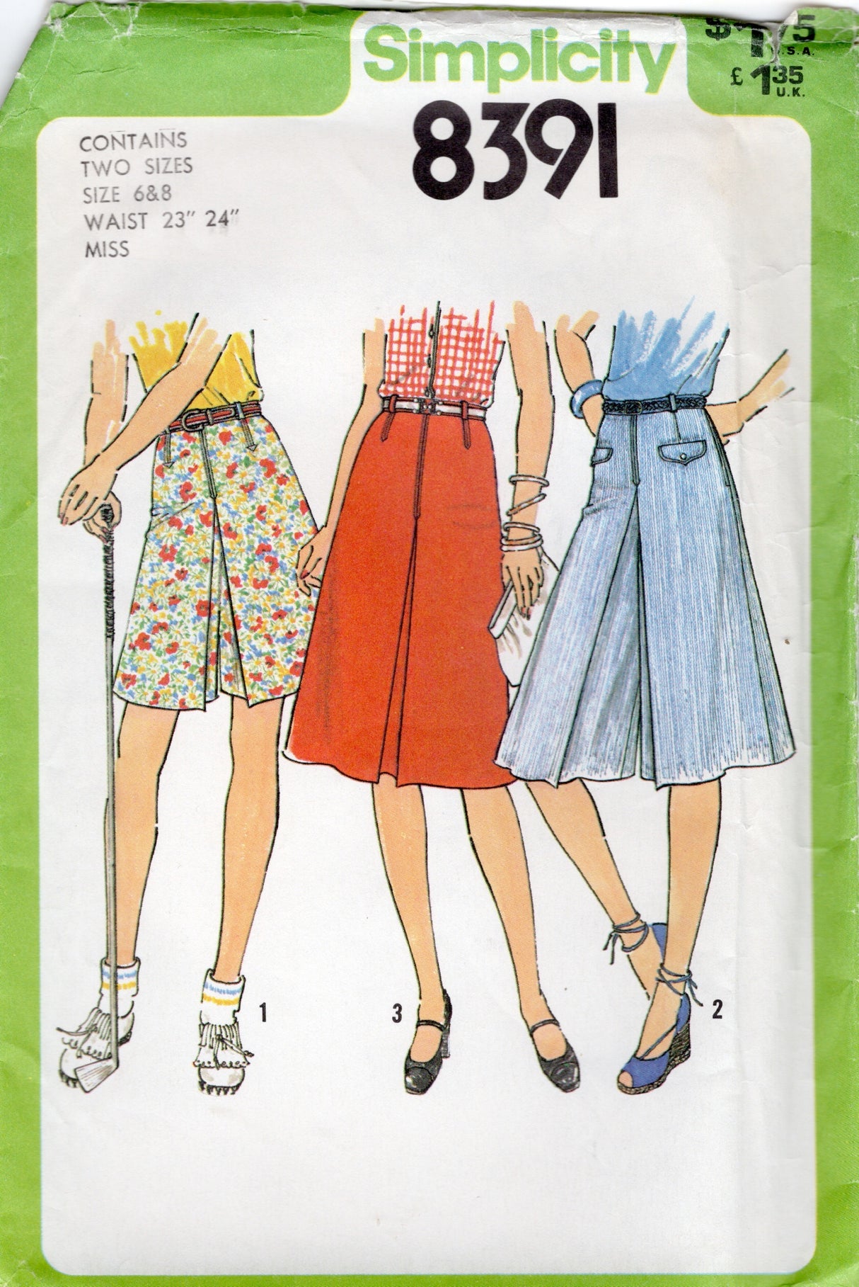 1970's Simplicity Culottes and Skirt Pattern - Waist 23-24" - No. 8391