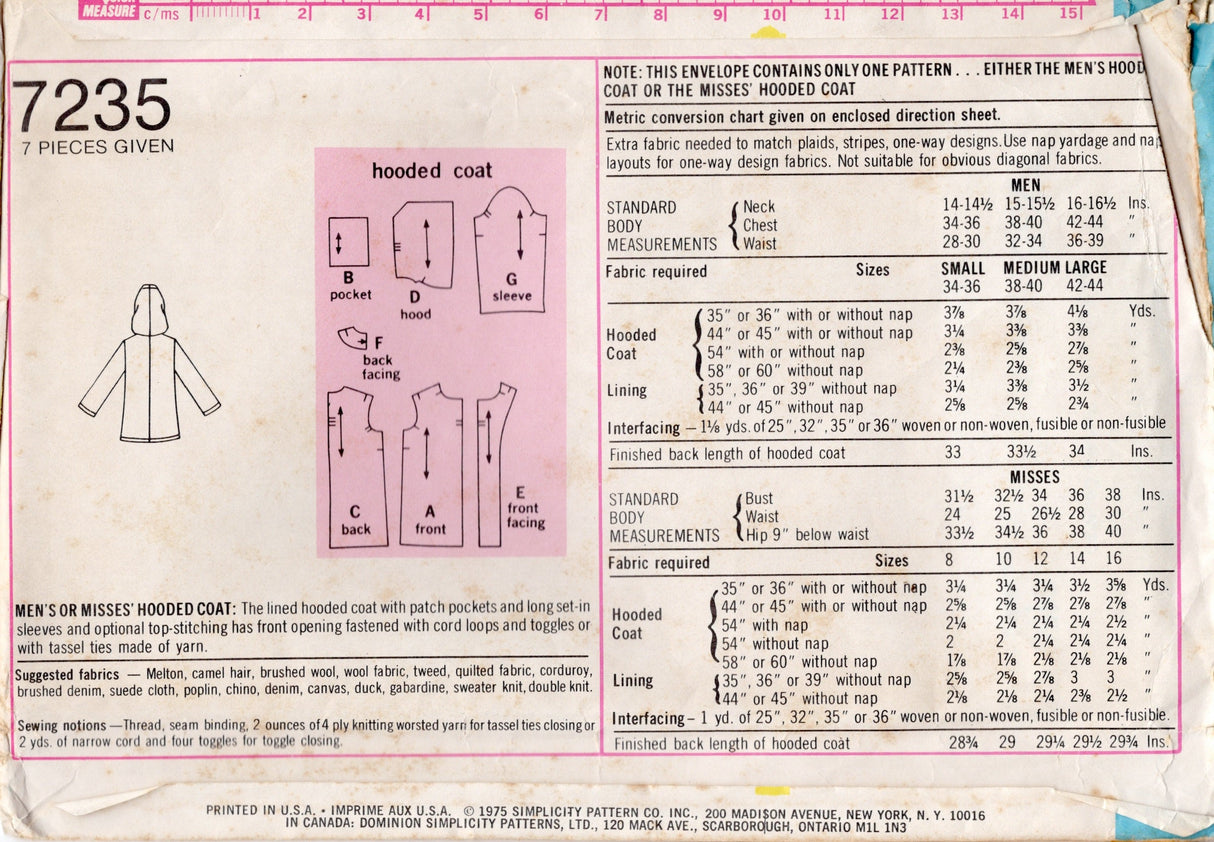 1970's Simplicity Hooded Coat Pattern - Bust 32.5" - No. 7235