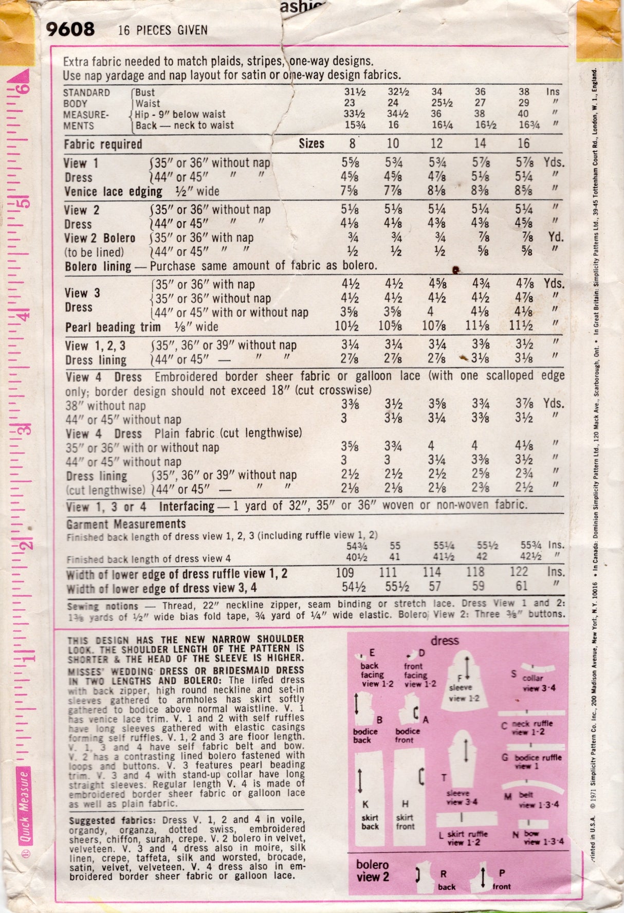 1970's Simplicity Wedding or Bridesmaid Dress and Bolero Pattern – Bust 32.5” - No. 9608