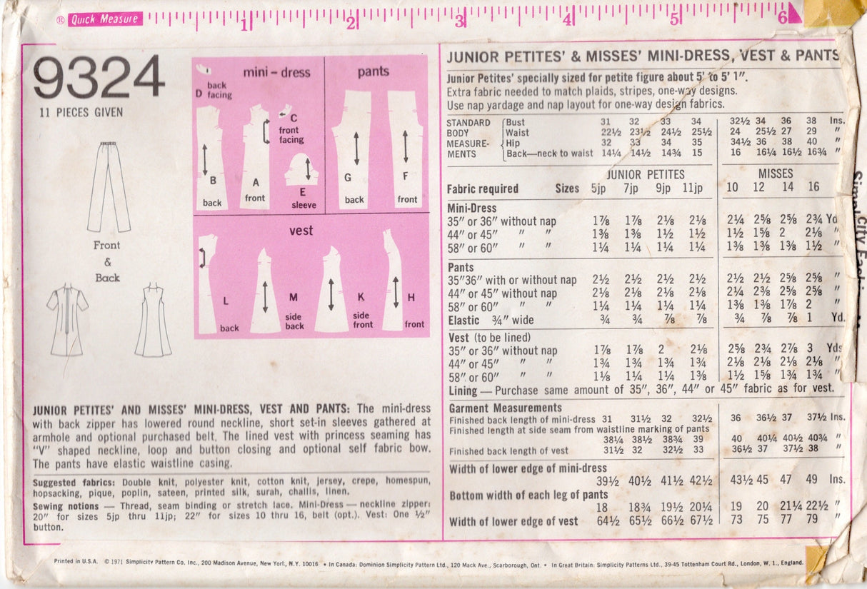 1970's Simplicity Mini Dress, Vest and Pants Pattern – Bust 33” - No. 9324