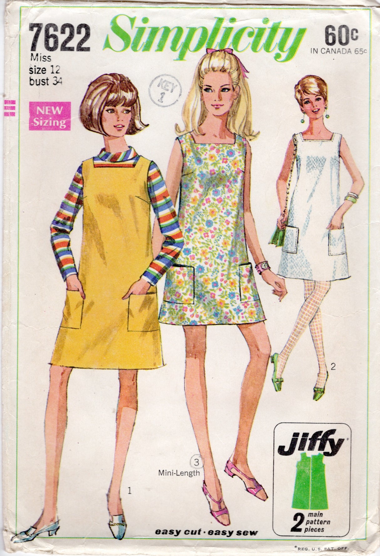 1960's Simplicity Jiffy Dress Pattern with Square Neckline and Patch Pockets - Bust 34" - No. 7622