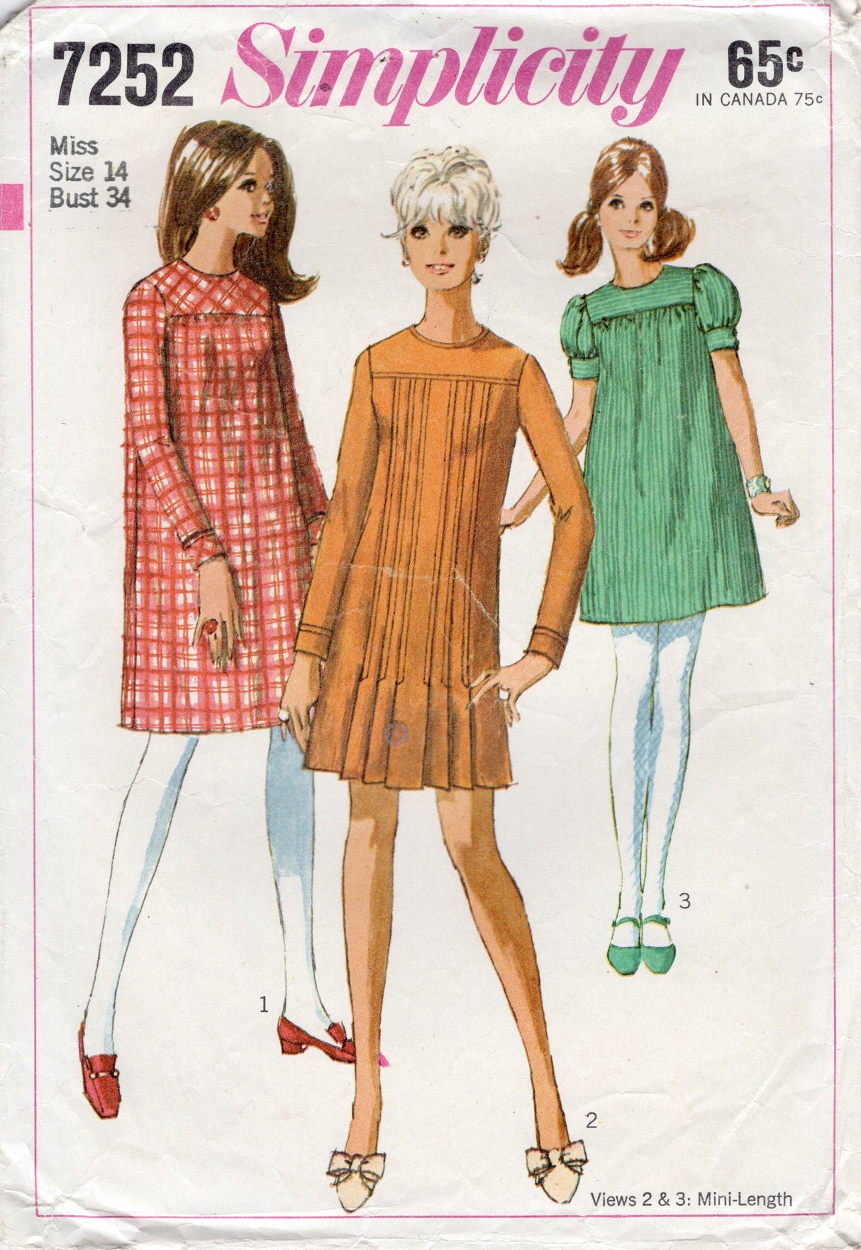 1960's Simplicity Yoked Dress Pattern with Gathered or Pleated Front Panels - Bust 34" - No. 7252