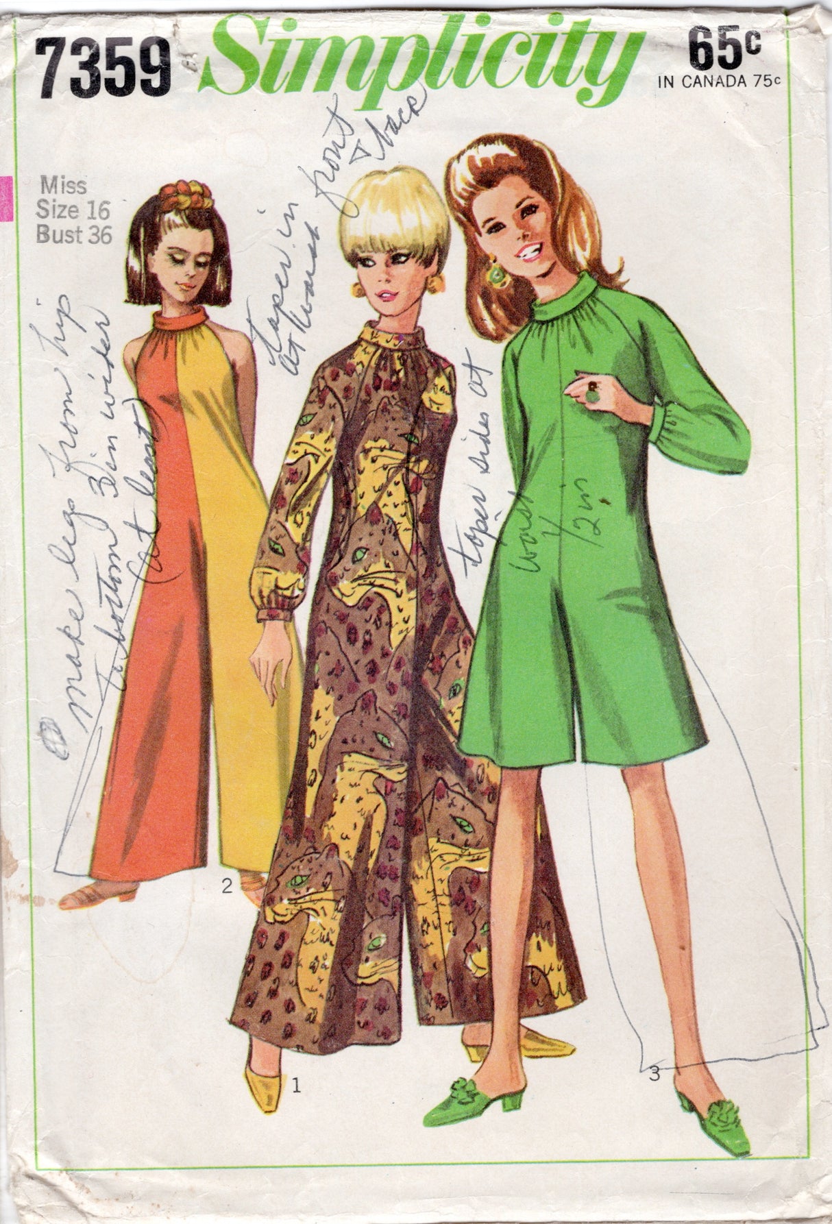 1960's Simplicity Wide Leg Pantdress (Jumpsuit) Pattern with or without Long Sleeves - Bust 34" - No. 7359