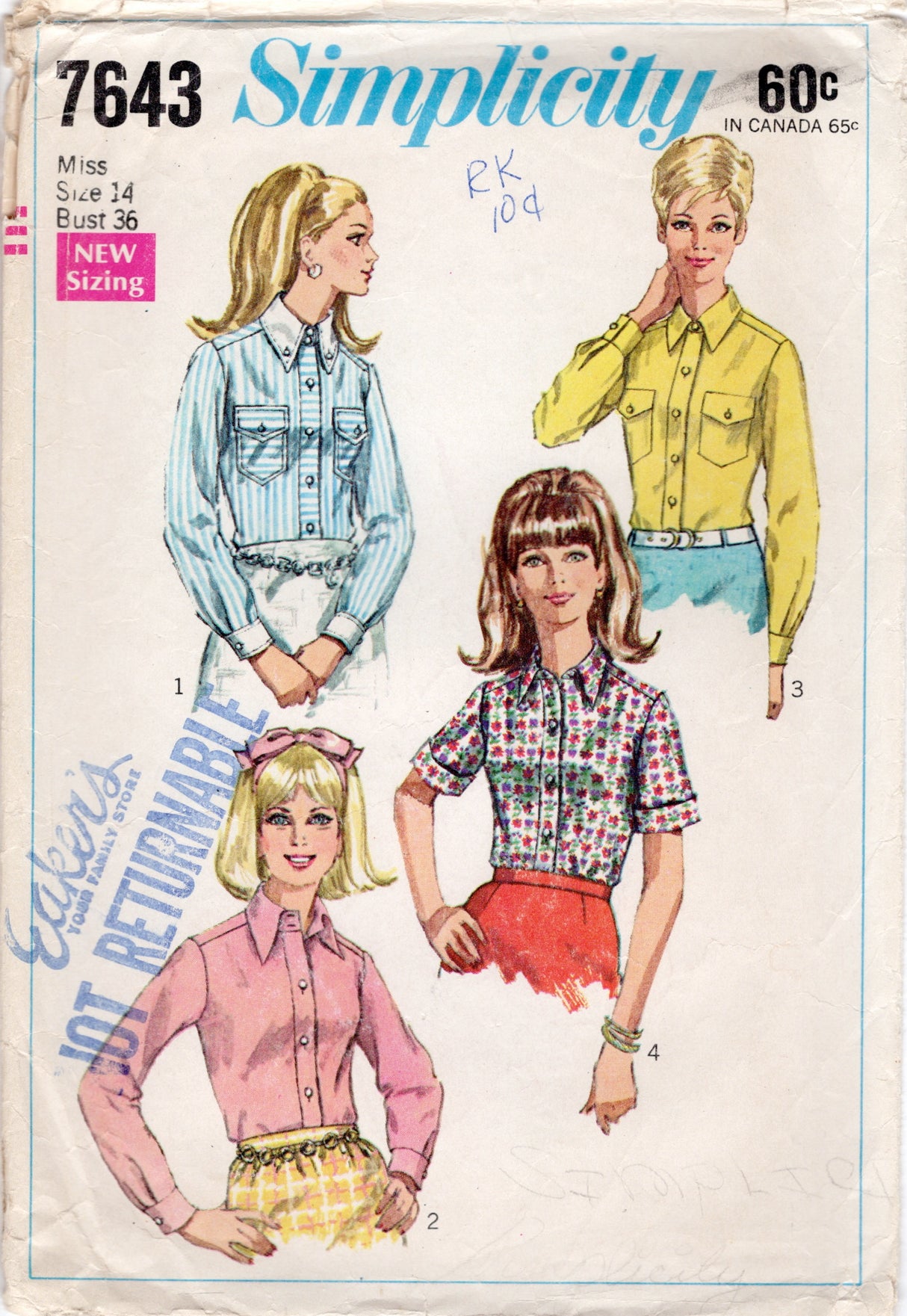 1960's Simplicity Set of Button Up Tapered Blouses Pattern - Bust 36" - No. 7643