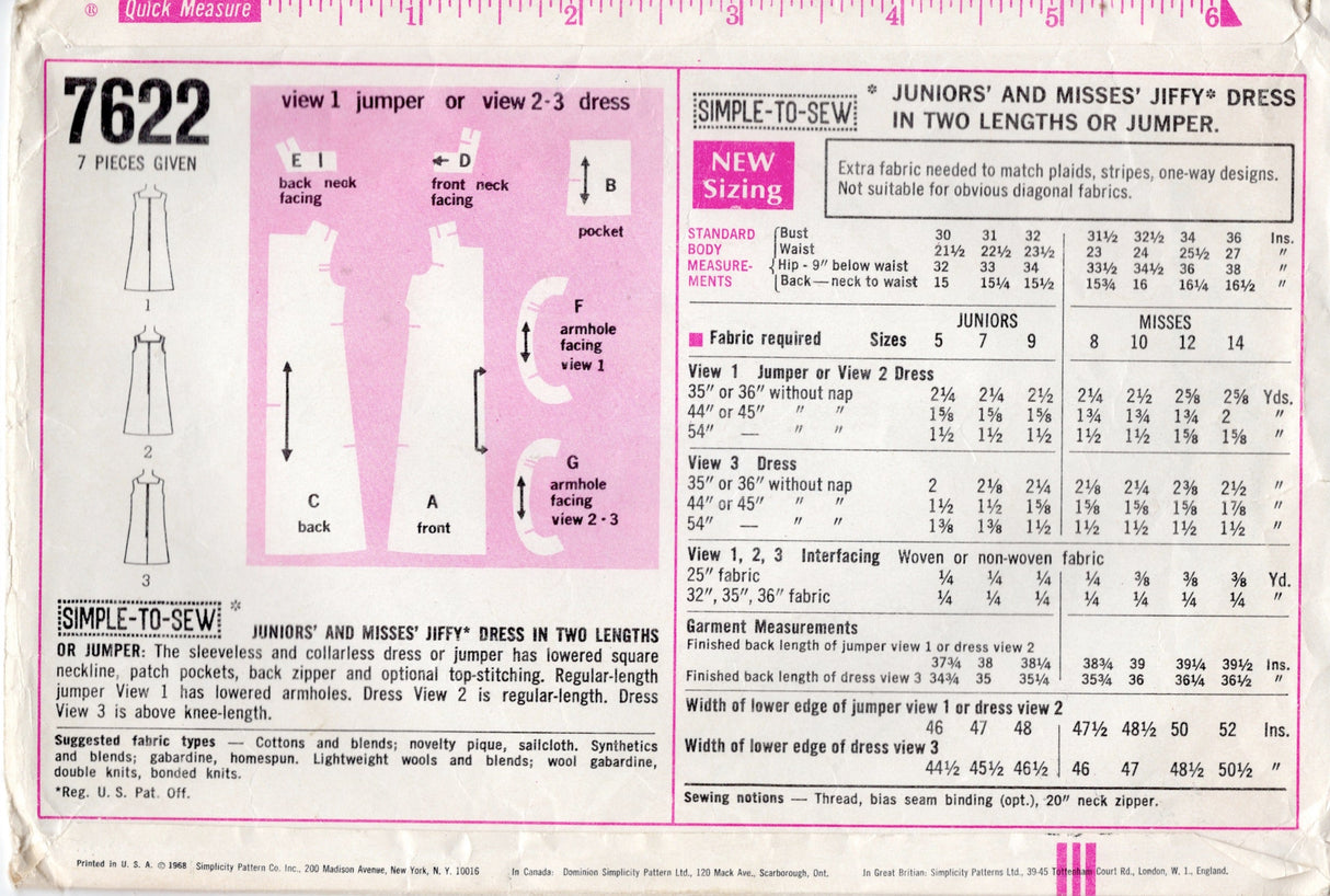 1960's Simplicity Jiffy Dress Pattern with Square Neckline and Patch Pockets - Bust 34" - No. 7622