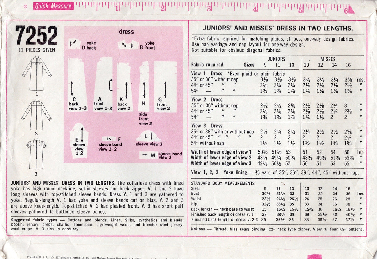 1960's Simplicity Yoked Dress Pattern with Gathered or Pleated Front Panels - Bust 34" - No. 7252