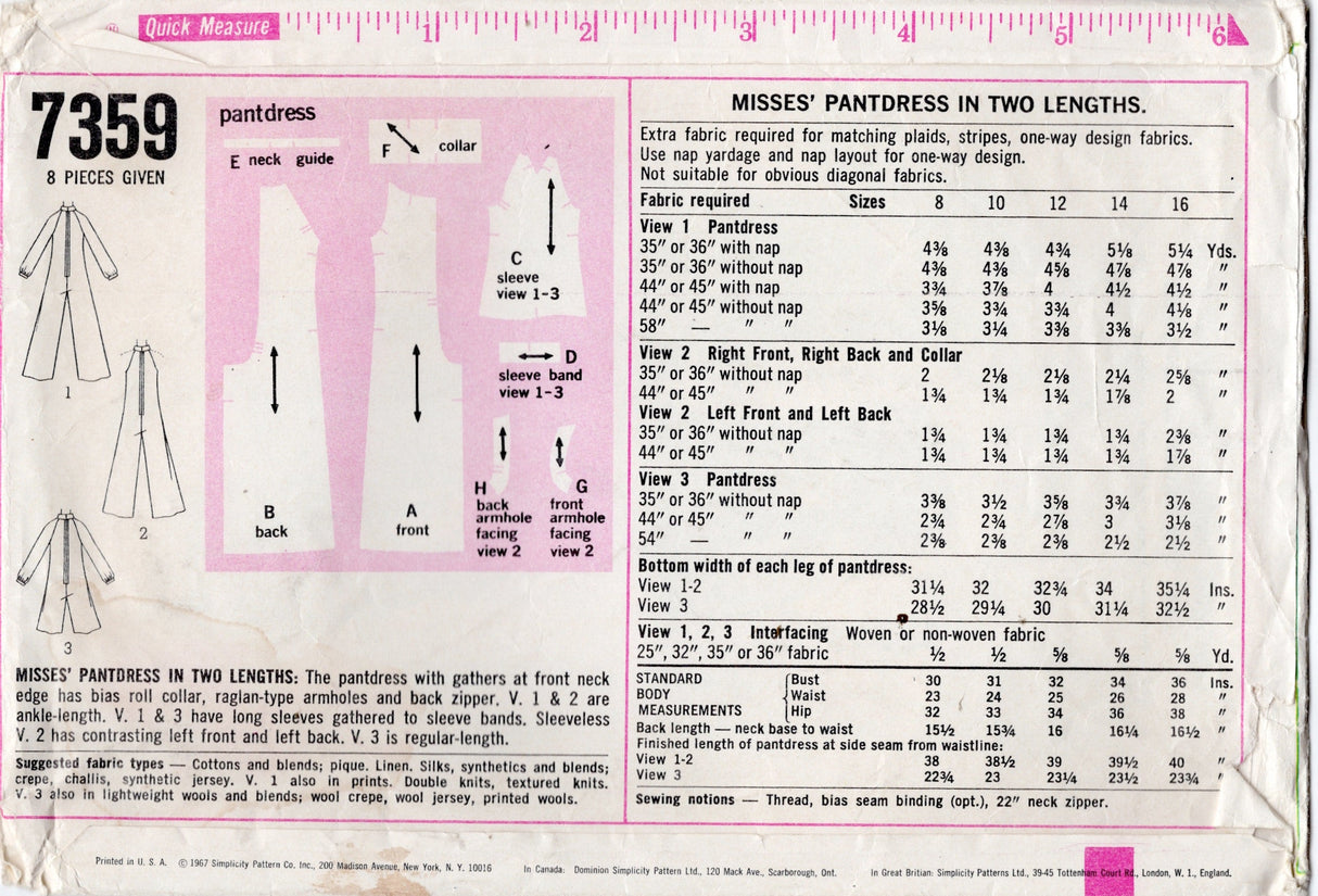 1960's Simplicity Wide Leg Pantdress (Jumpsuit) Pattern with or without Long Sleeves - Bust 34" - No. 7359