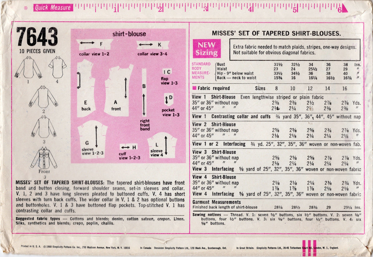 1960's Simplicity Set of Button Up Tapered Blouses Pattern - Bust 36" - No. 7643