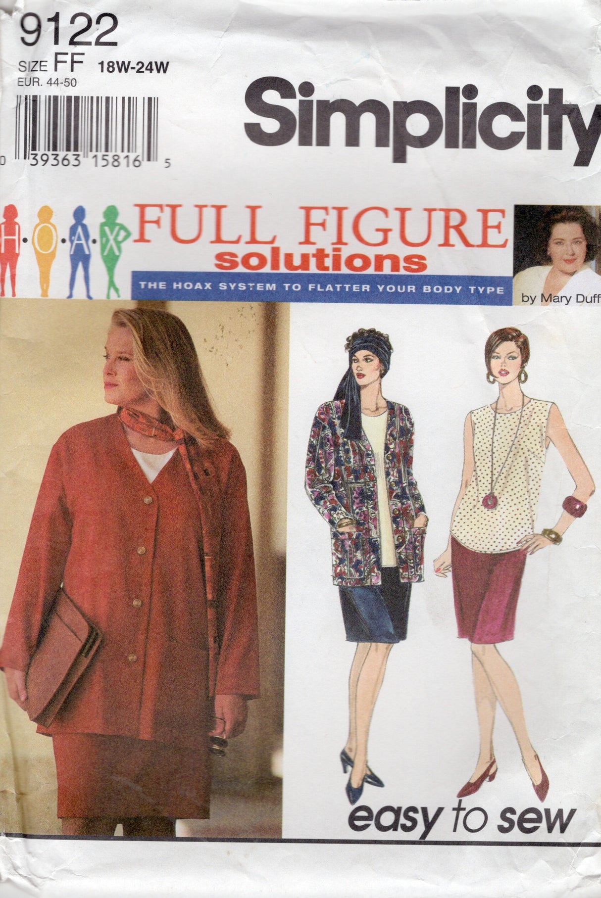 1990's Simplicity Unlined Jacket, Pullover Blouse, Pencil Skirt and Scarf Pattern - Bust 40-46" - No. 9122