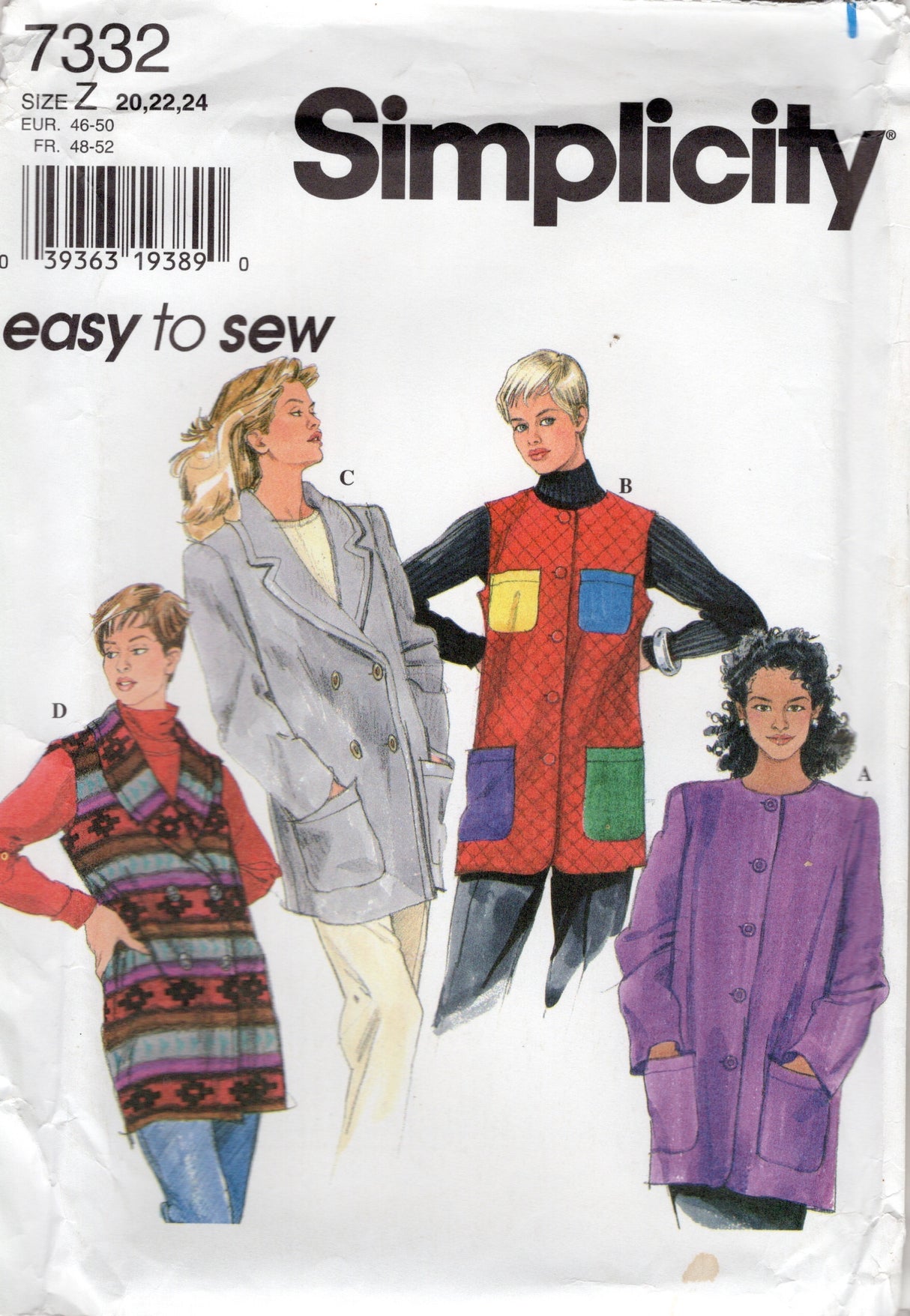 1990's Simplicity Double or Single Breasted Jacket or Vest Pattern - Bust 42-46" - No. 7332