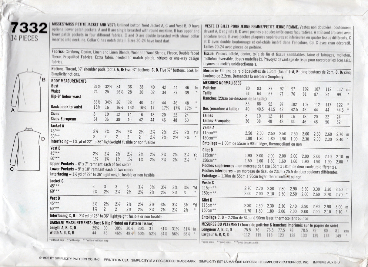1990's Simplicity Double or Single Breasted Jacket or Vest Pattern - Bust 42-46" - No. 7332
