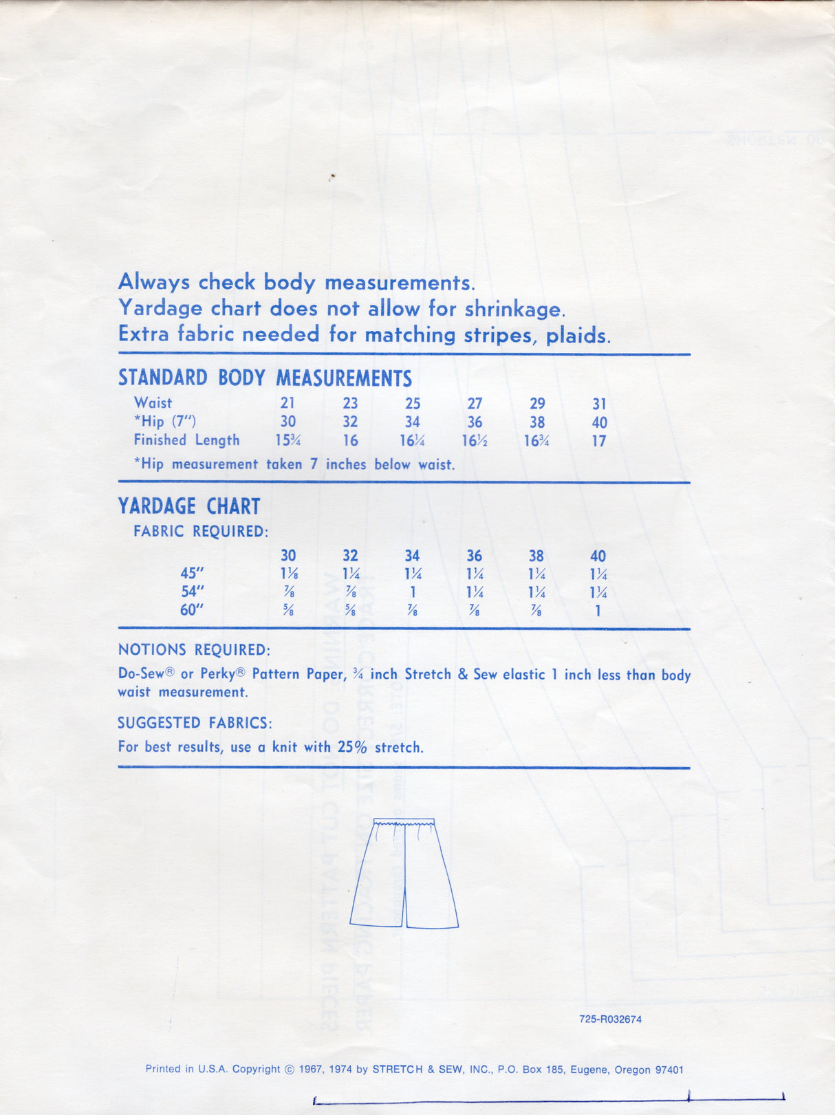 1970's Stretch & Sew Pants-Skirt pattern - Waist 21-31" - No. 725