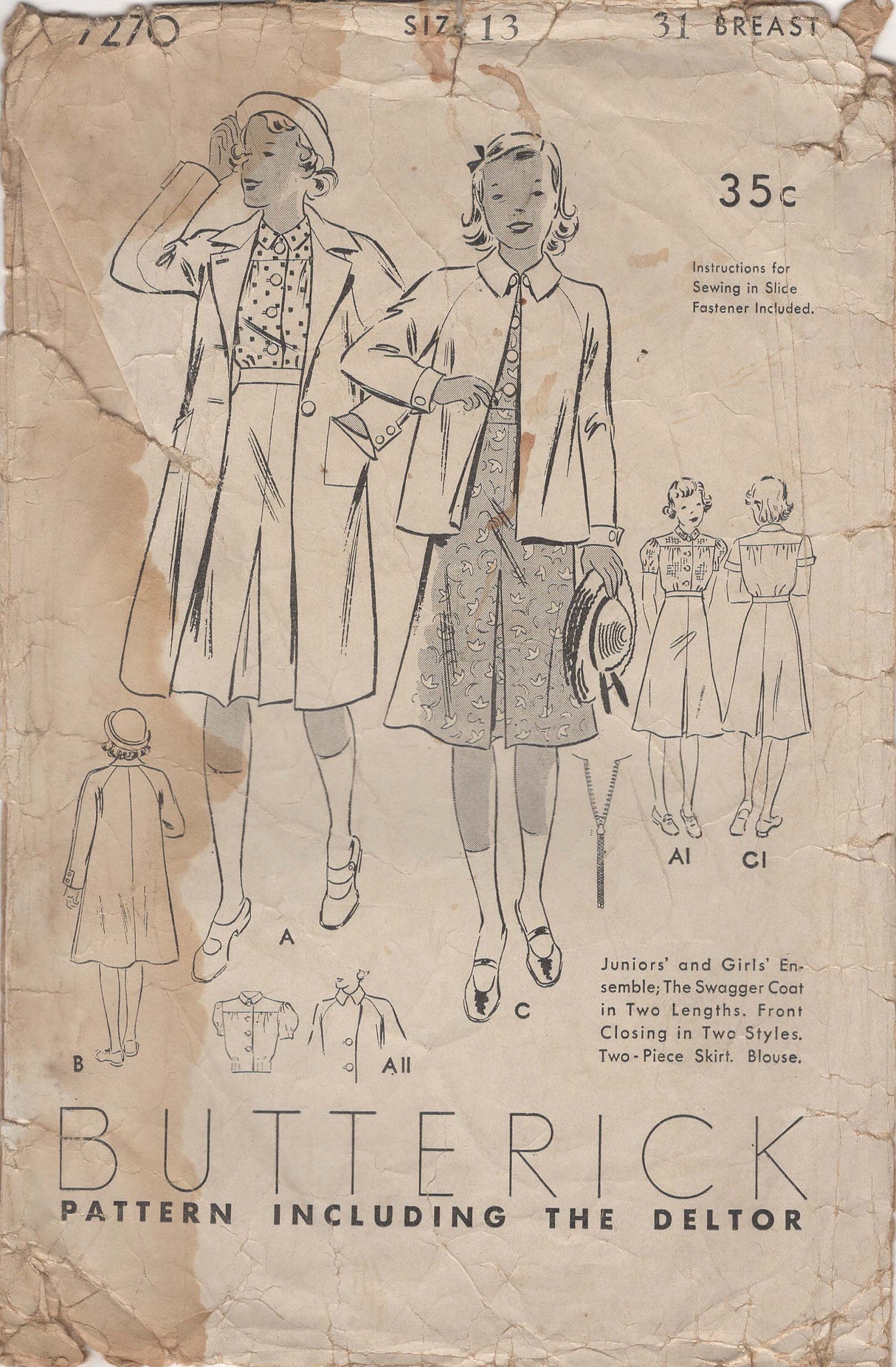 1930's Butterick Junior's Swagger Coat , Blouse and Skirt Pattern - Chest 31" - No. 7270