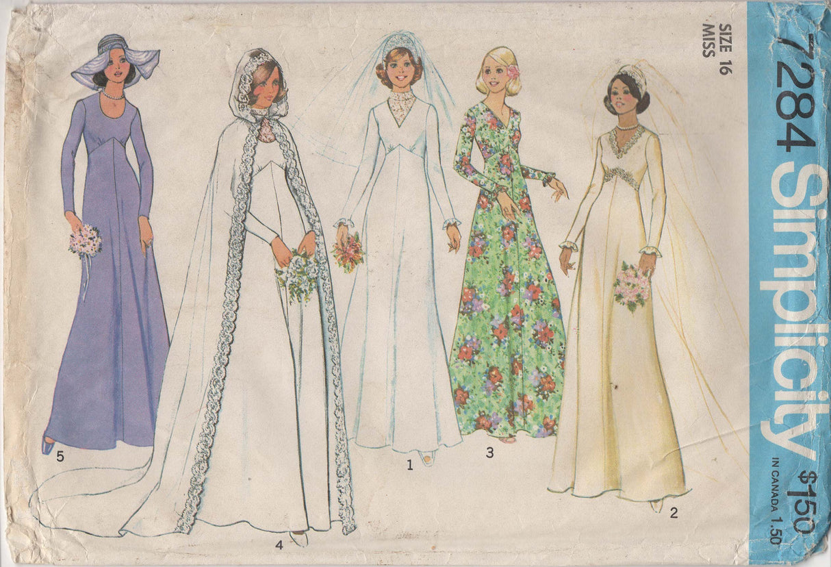 1970's Simplicity Wedding Dress and Cape Pattern - Bust 38" - No. 7284