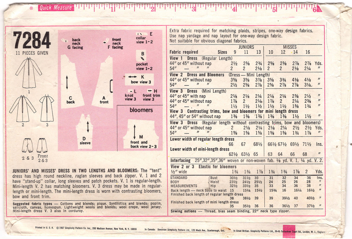 1960's Simplicity Tent Dress with Stand collar and Bloomers Pattern - Bust 34" - No. 7284