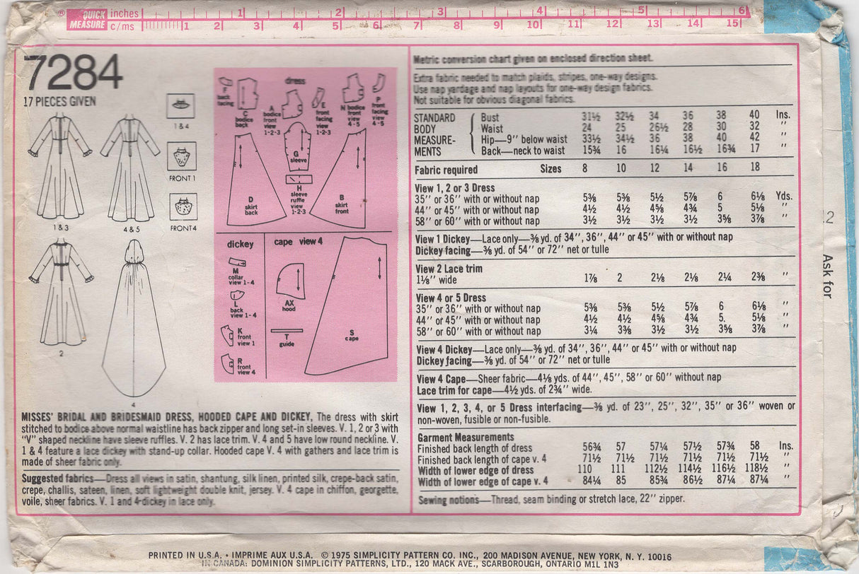 1970's Simplicity Wedding Dress and Cape Pattern - Bust 38" - No. 7284