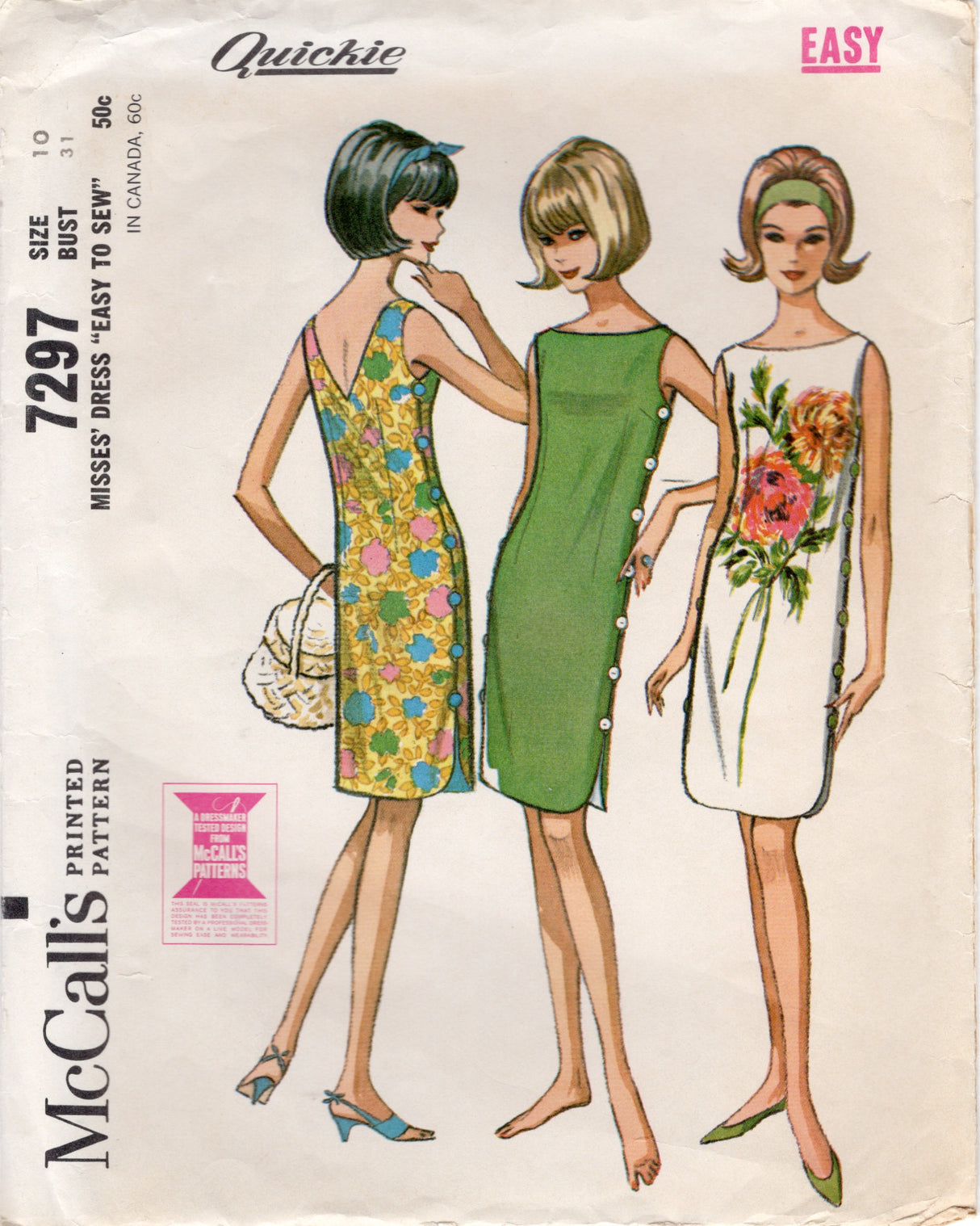1960's McCall'sBoat Neck Side Button Shift Dress Pattern - Bust 31" - No. 7297