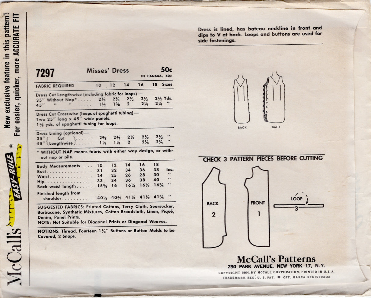 1960's McCall'sBoat Neck Side Button Shift Dress Pattern - Bust 31" - No. 7297