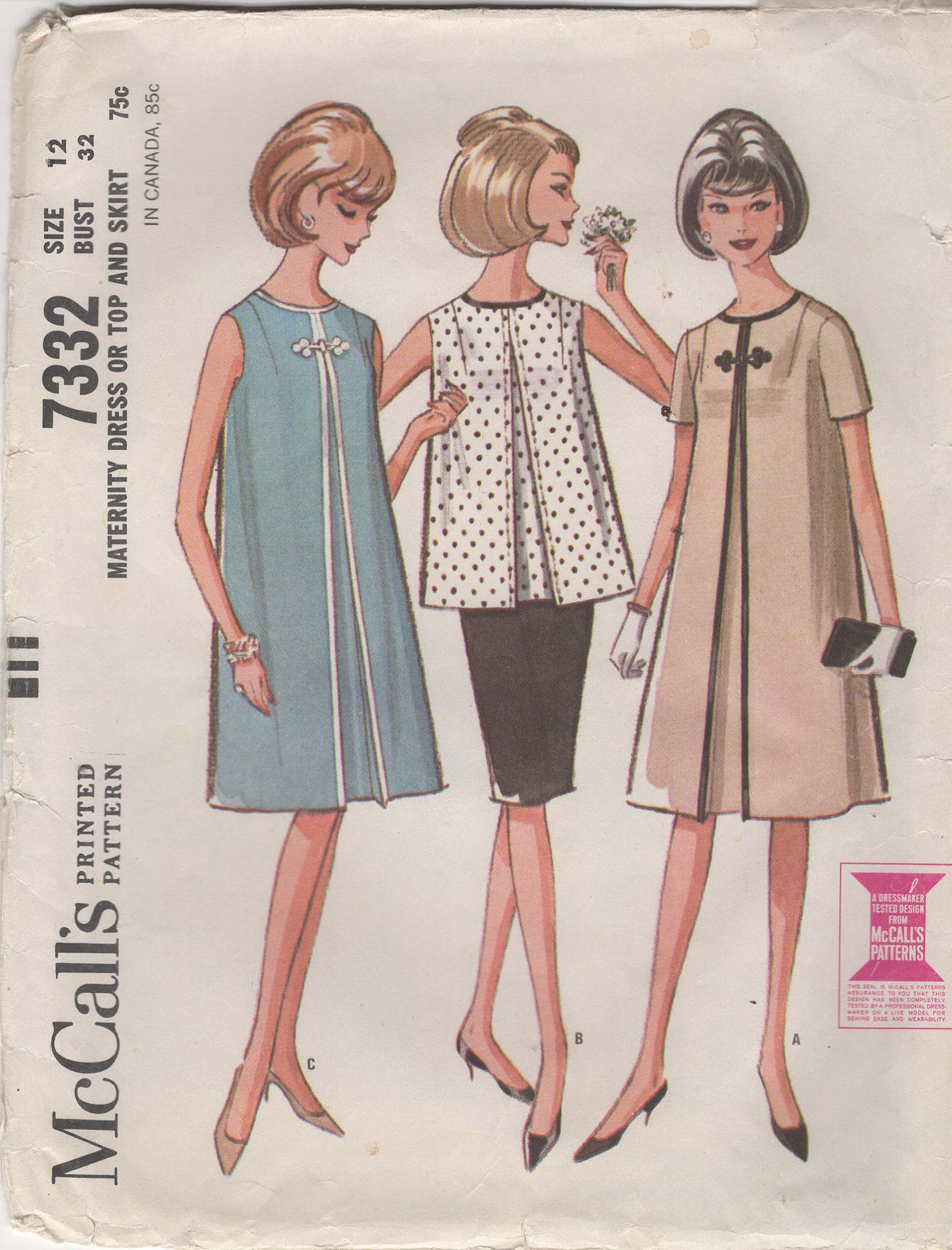 1960's McCall's Maternity Dress or Top and Skirt Pattern - Bust 32" - No. 7332