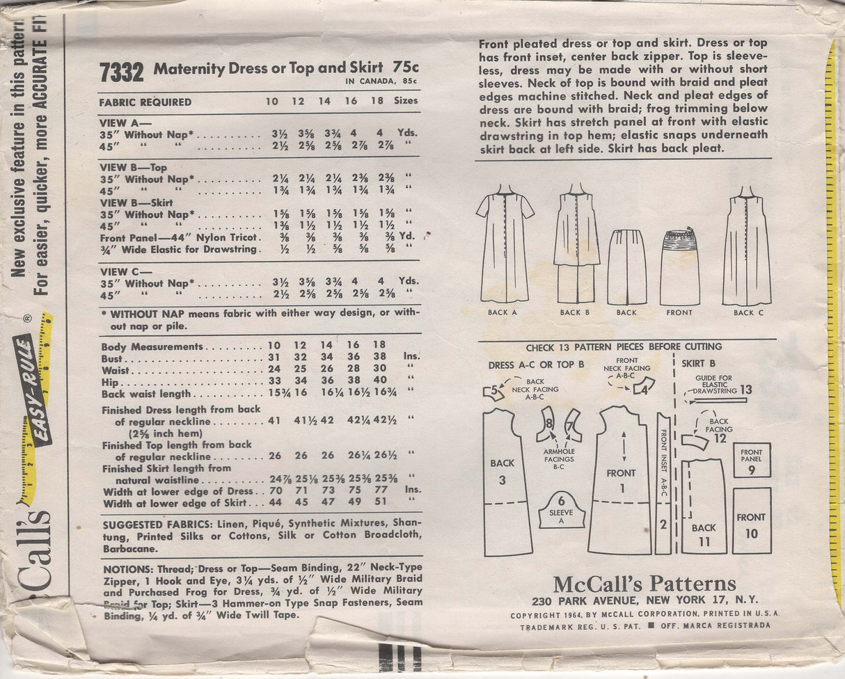 1960's McCall's Maternity Dress or Top and Skirt Pattern - Bust 32" - No. 7332