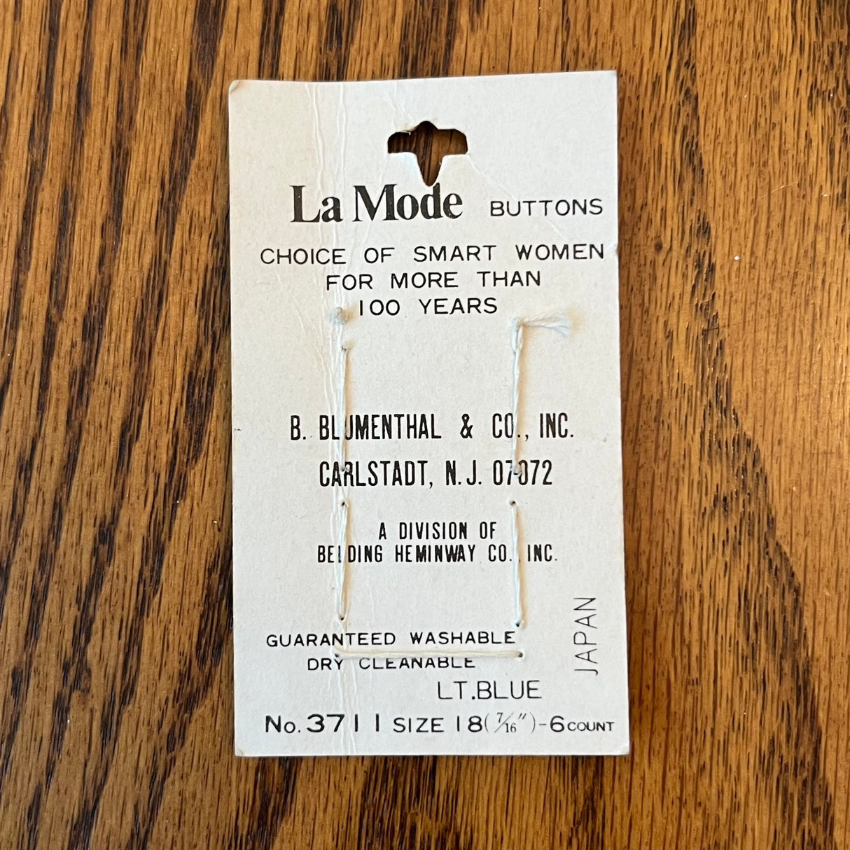 1980’s La Mode Plastic Buttons - Blue - Set of 6 - Size 18 - 7/16" - on card