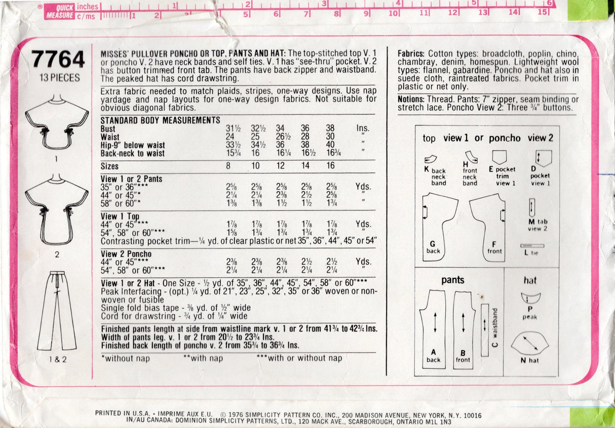 1970's Simplicity Poncho, Hat and Pants Pattern - Bust 36" - No. 7764