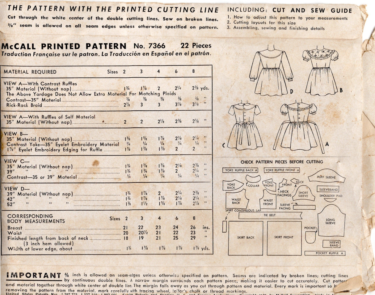 1940's McCall Child's One Piece Dress with Large Yoke and Bow Tie Back Pattern - Sz 4 - Chest 23" - No. 7366