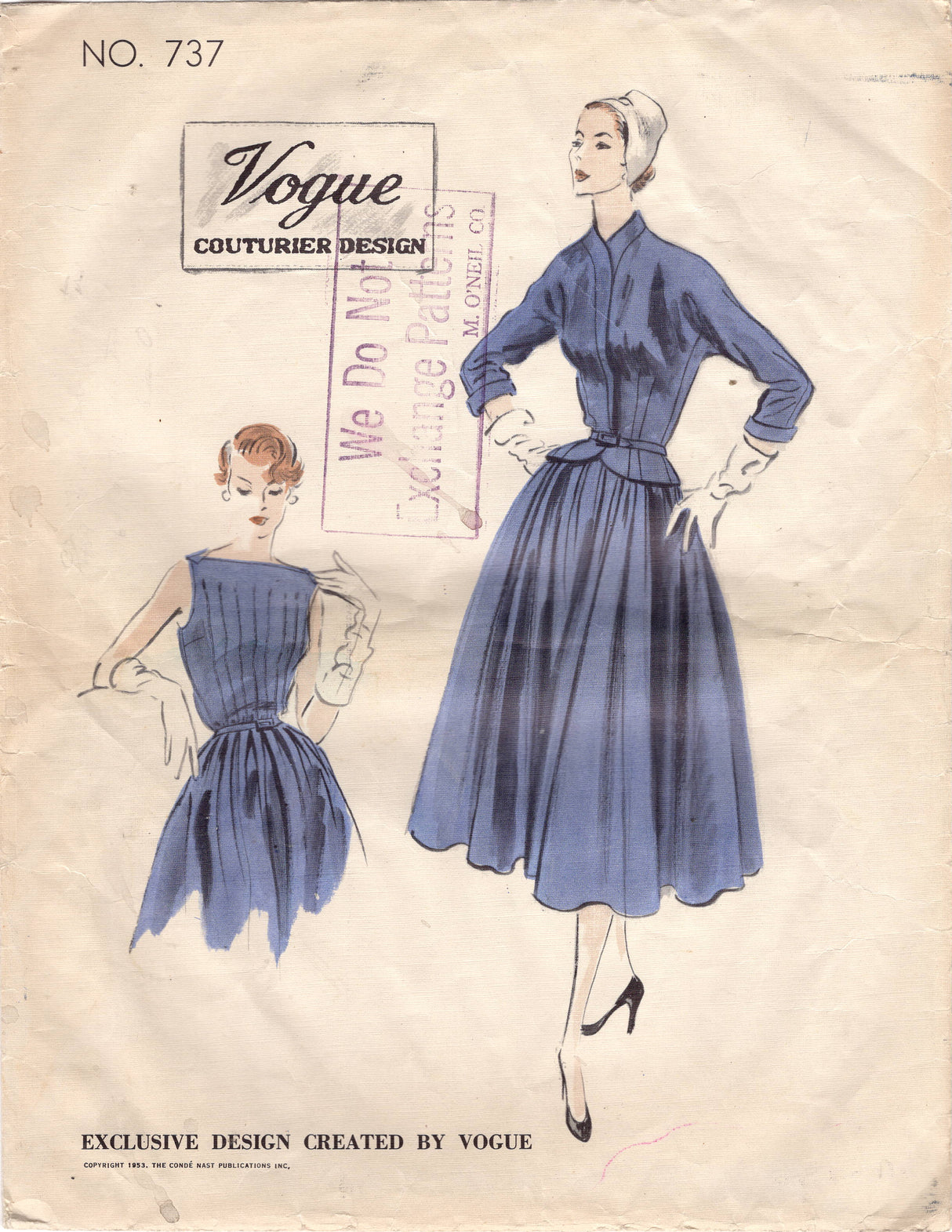 1950's Vogue Couturier Design One-Piece Dress with Detailed Front and Bolero Pattern - Bust 30" - No. 737