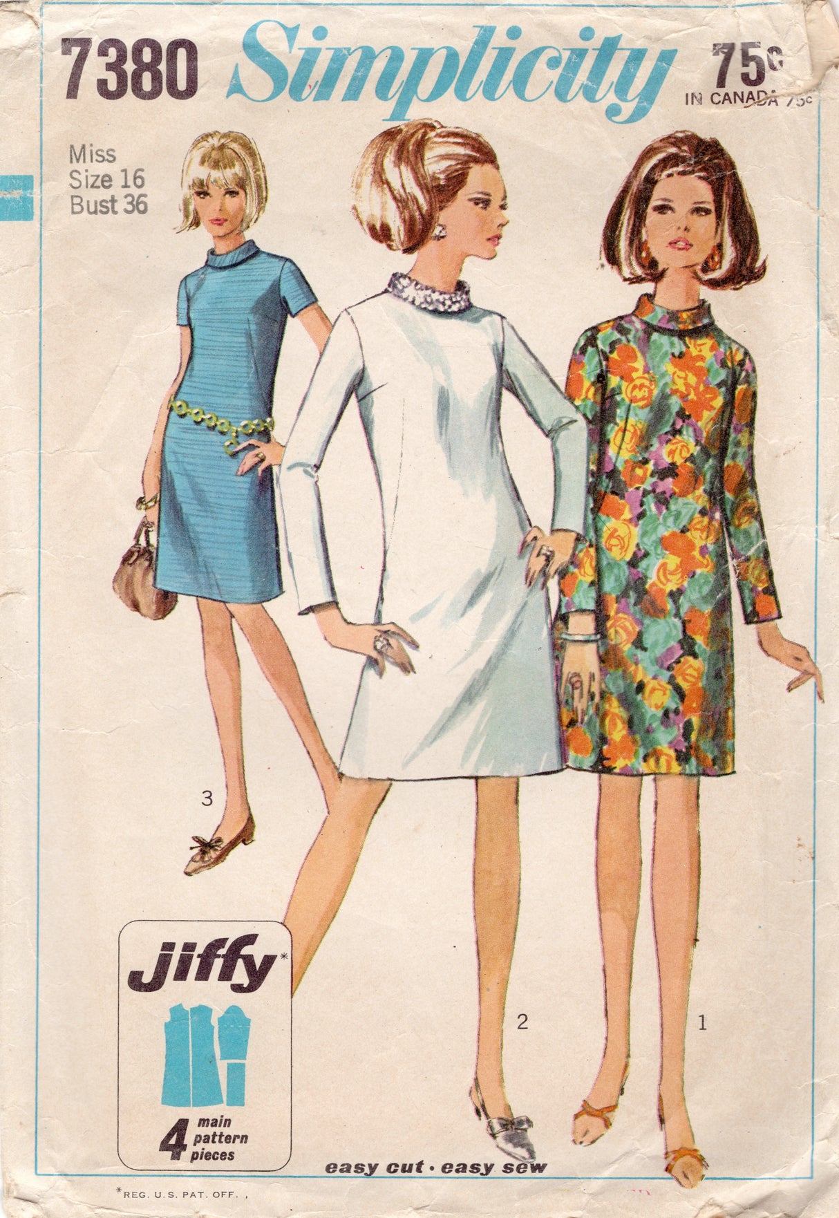 1960’s Simplicity Jiffy Dress with Rolled Collar Pattern - Bust 36" - No.7380