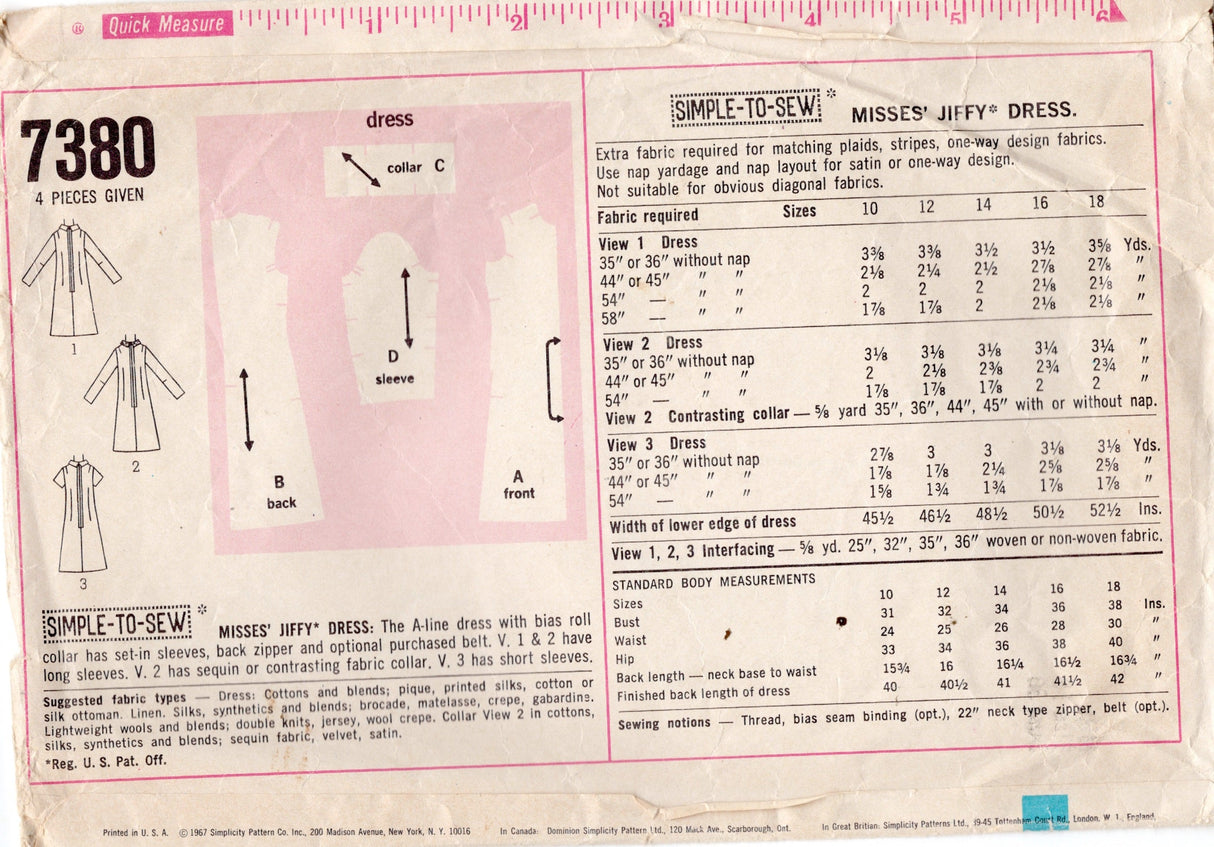 1960’s Simplicity Jiffy Dress with Rolled Collar Pattern - Bust 36" - No.7380